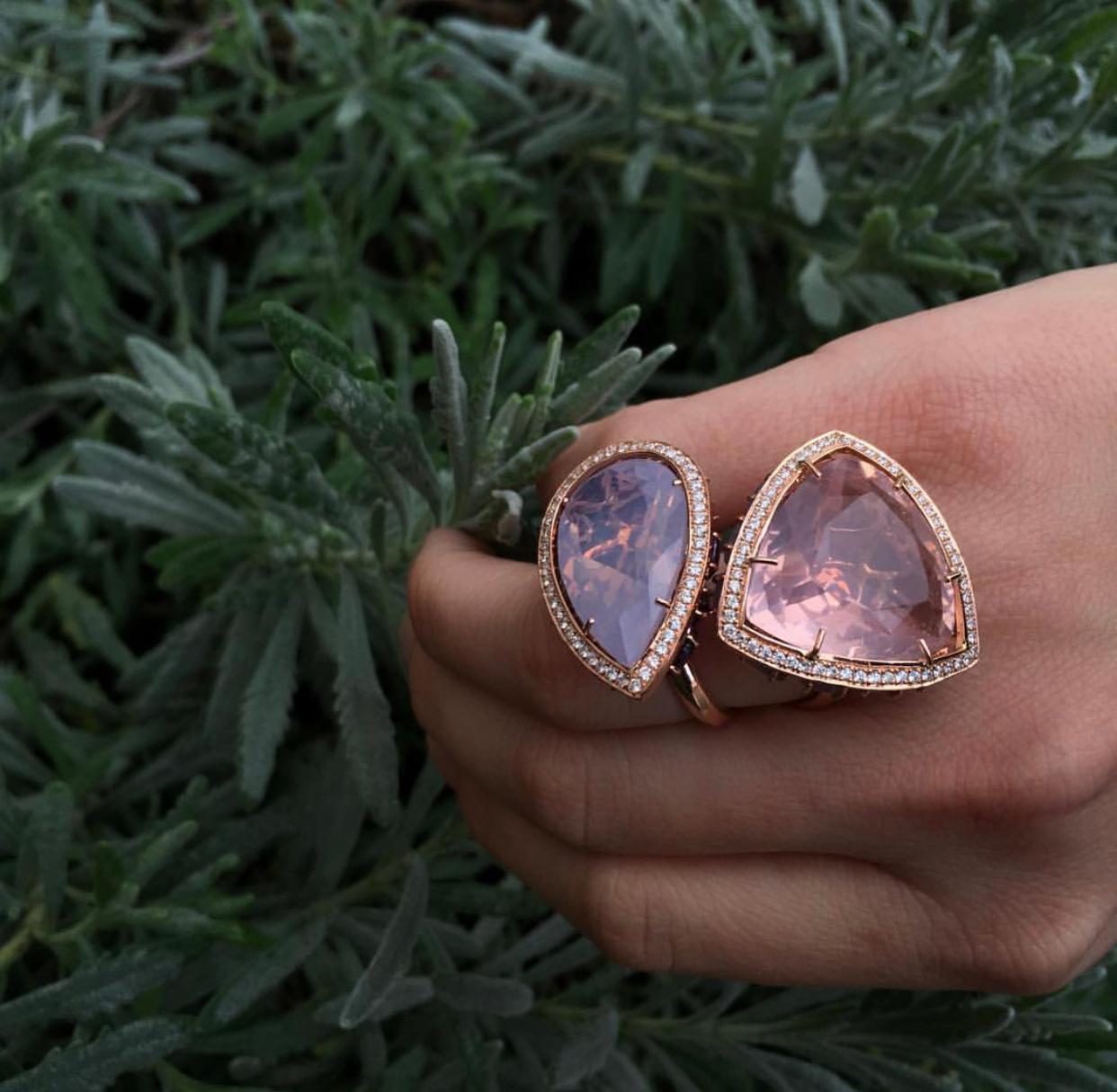 Contemporary Rose Quartz Horizon Ring in 18k Rose Gold with Diamond Bezel & Opal Cluster For Sale