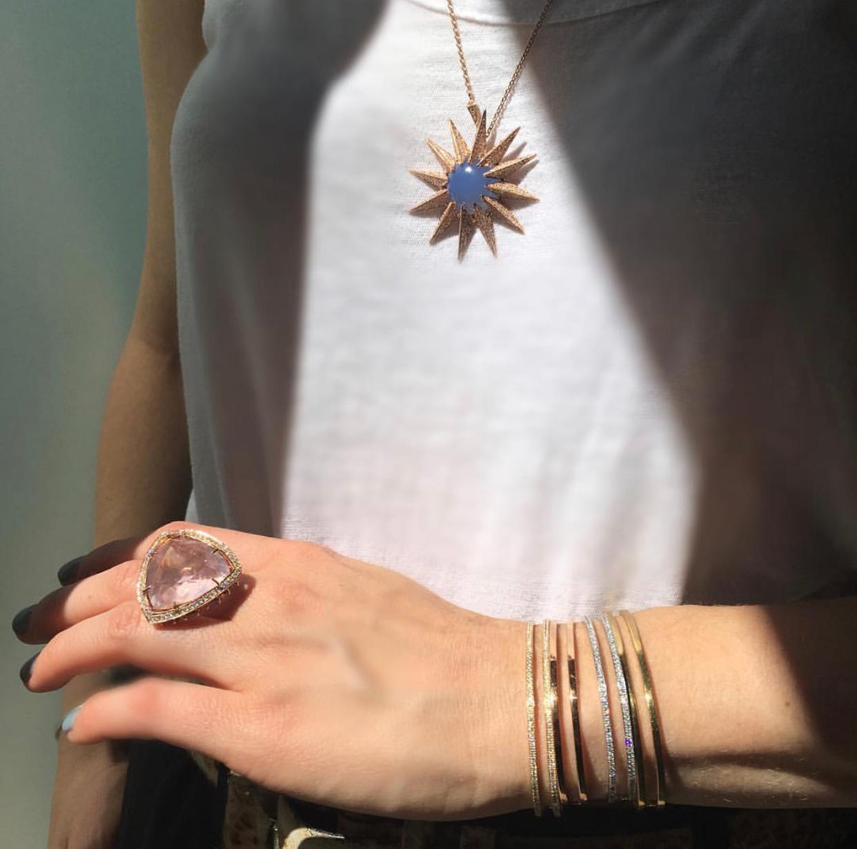 Women's or Men's Rose Quartz Horizon Ring in 18k Rose Gold with Diamond Bezel & Opal Cluster