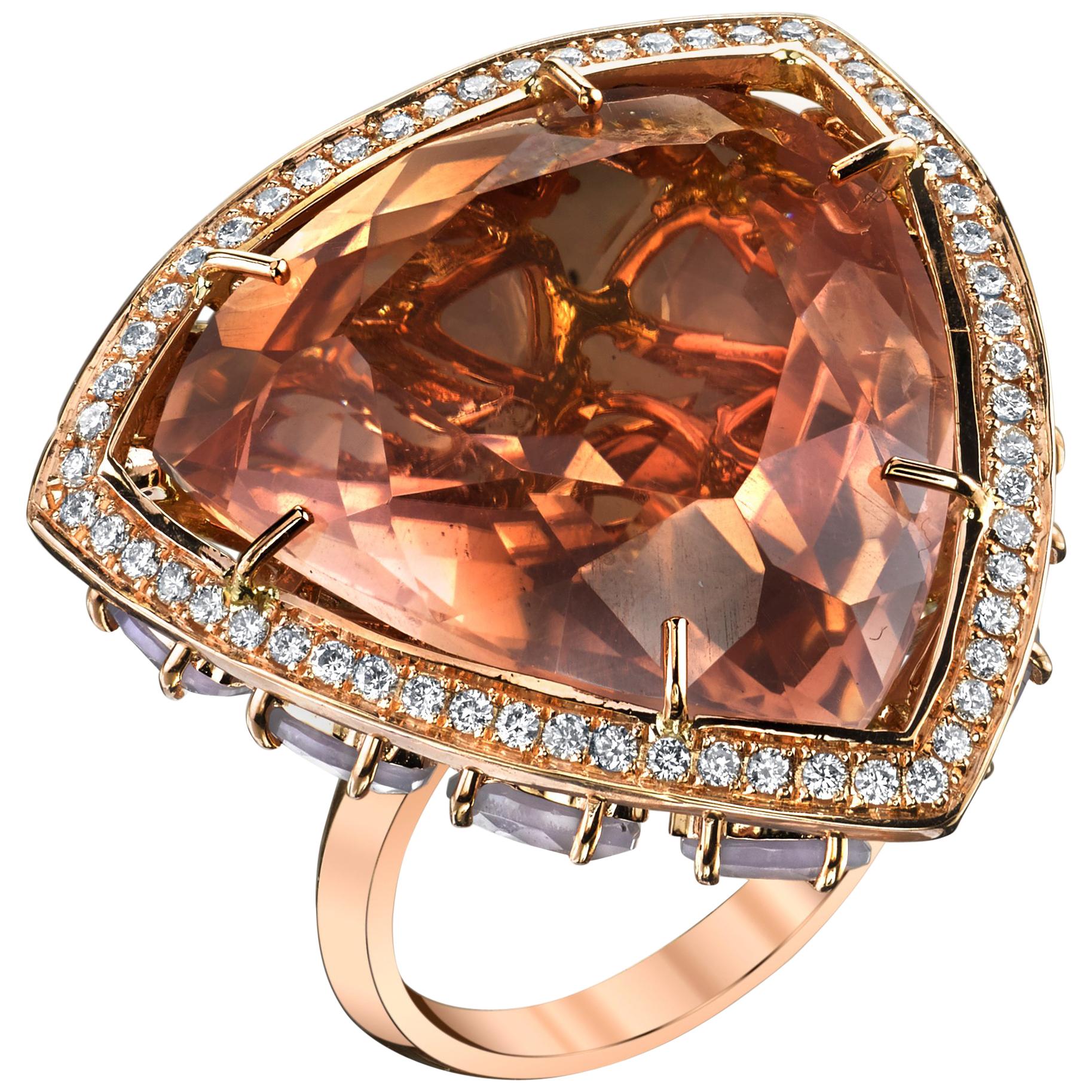 Rose Quartz Horizon Ring in 18k Rose Gold with Diamond Bezel & Opal Cluster