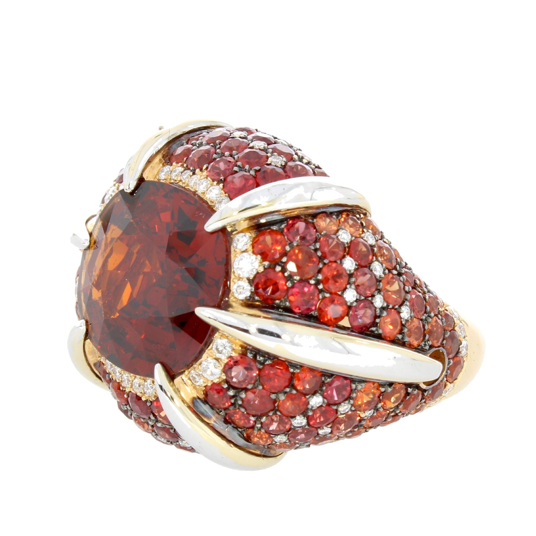 Contemporary 18 Karat Rose Gold Orange Garnet, Sapphire and Diamond Signature Ring by Niquesa For Sale