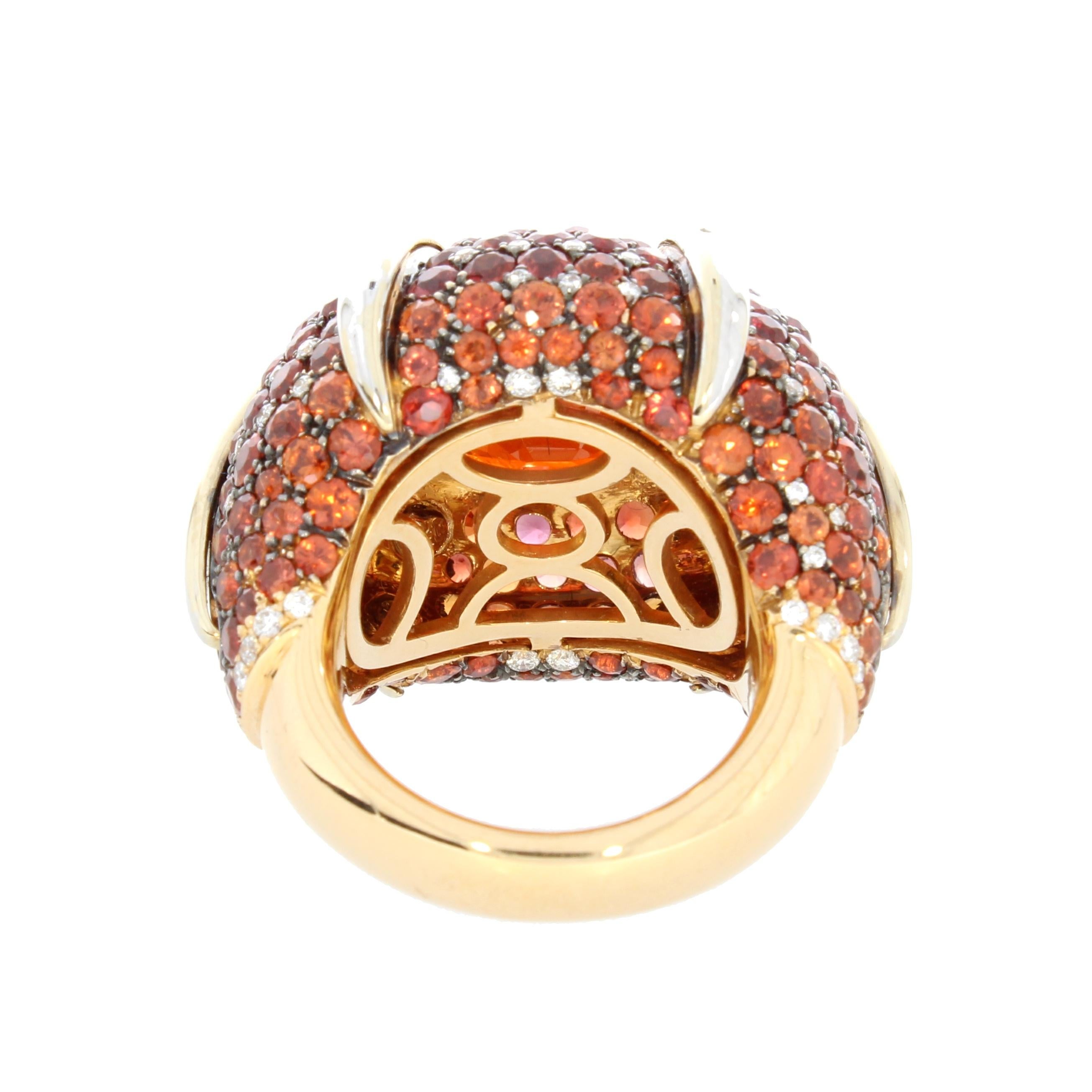 Cushion Cut 18 Karat Rose Gold Orange Garnet, Sapphire and Diamond Signature Ring by Niquesa For Sale