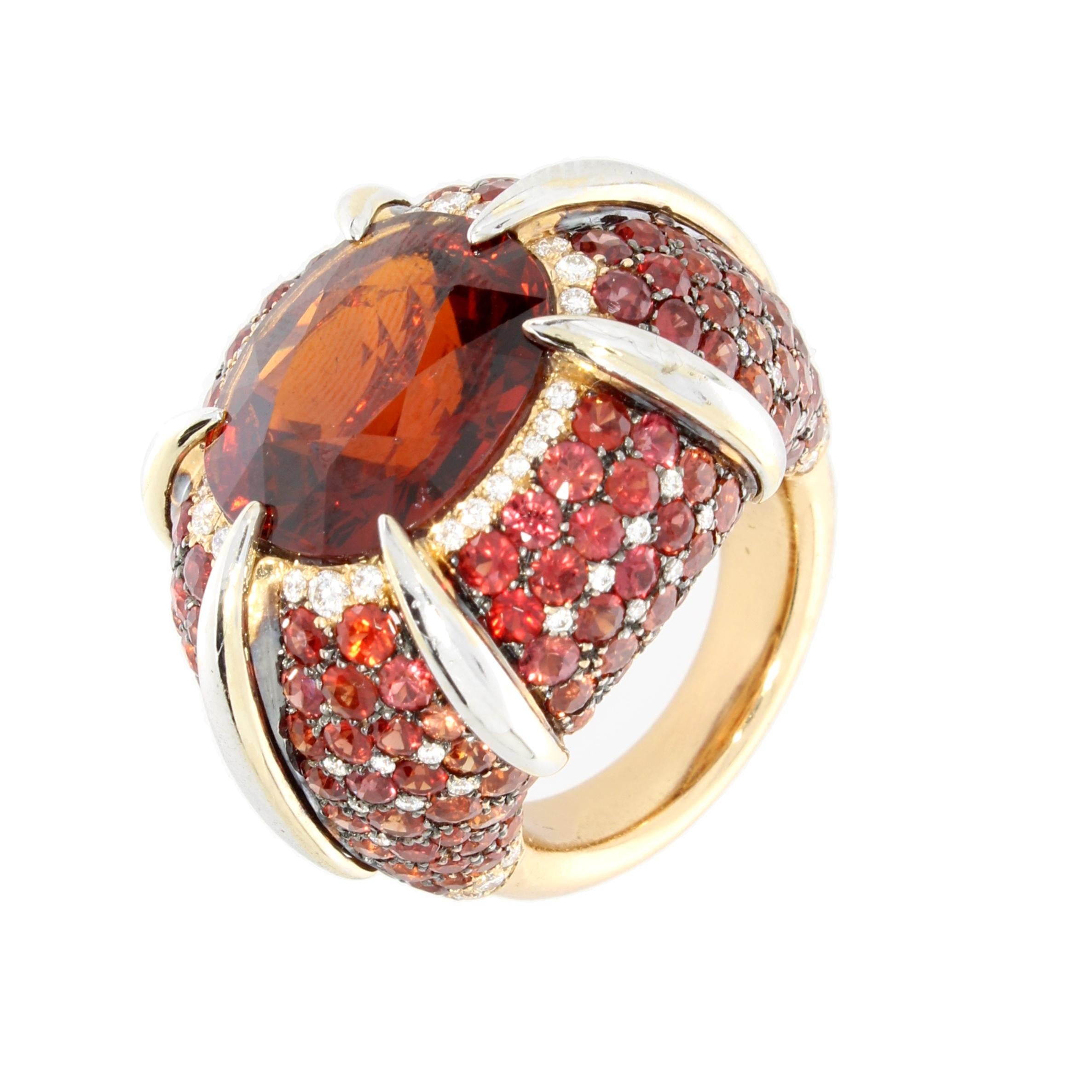 18 Karat Rose Gold Orange Garnet, Sapphire and Diamond Signature Ring by Niquesa In New Condition For Sale In London, GB