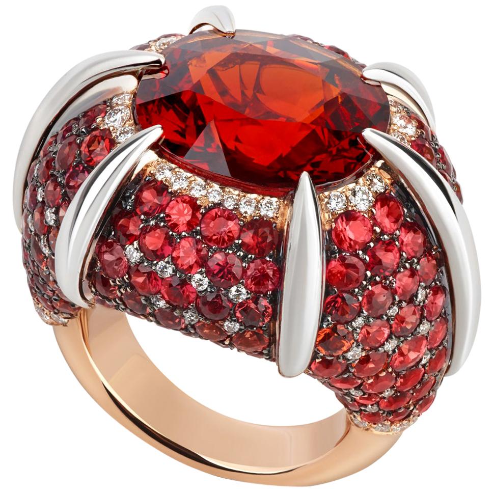 18 Karat Rose Gold Orange Garnet, Sapphire and Diamond Signature Ring by Niquesa For Sale