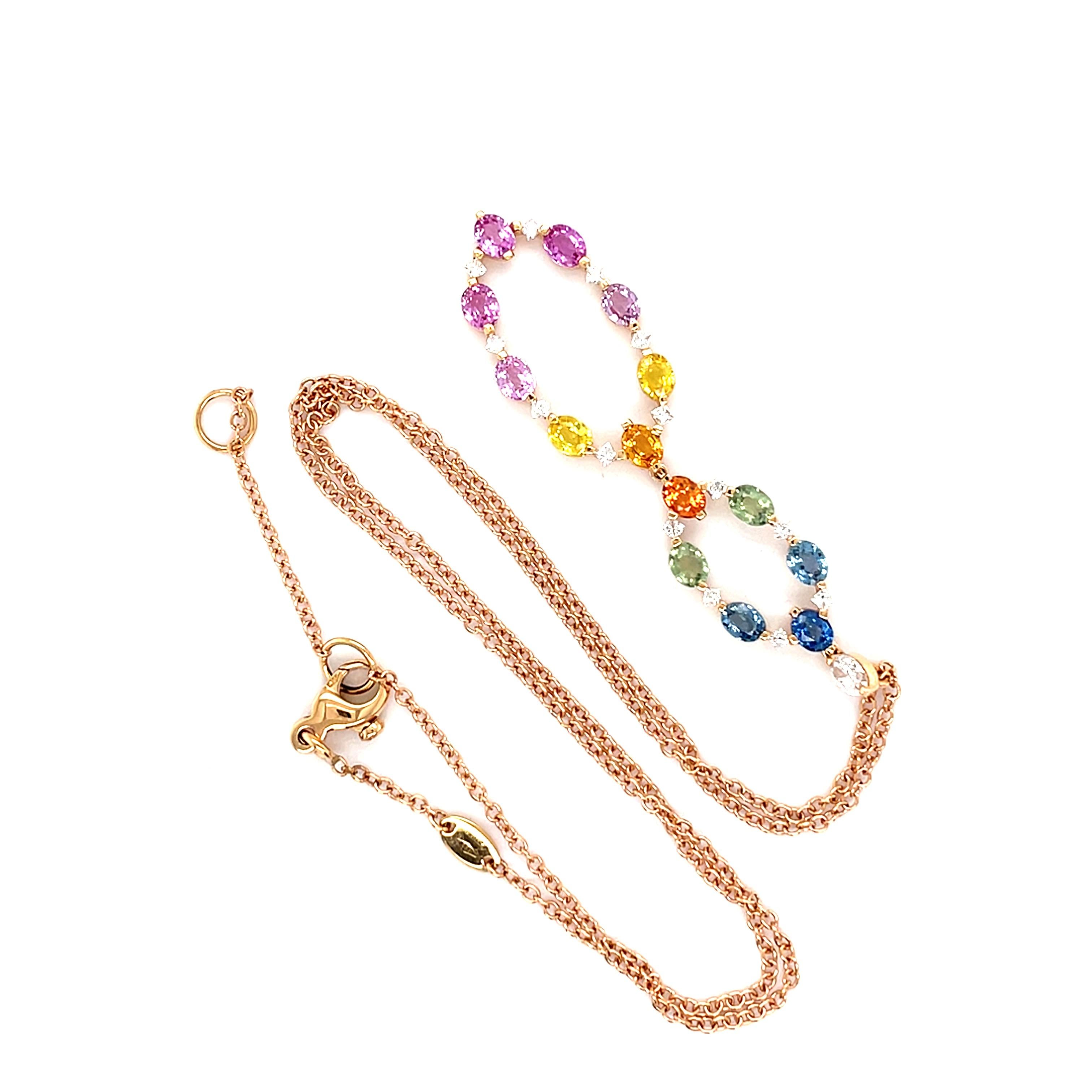18 Karat Rose Gold Oval Multi-Colored Sapphires Diamond Pendant For Sale 2