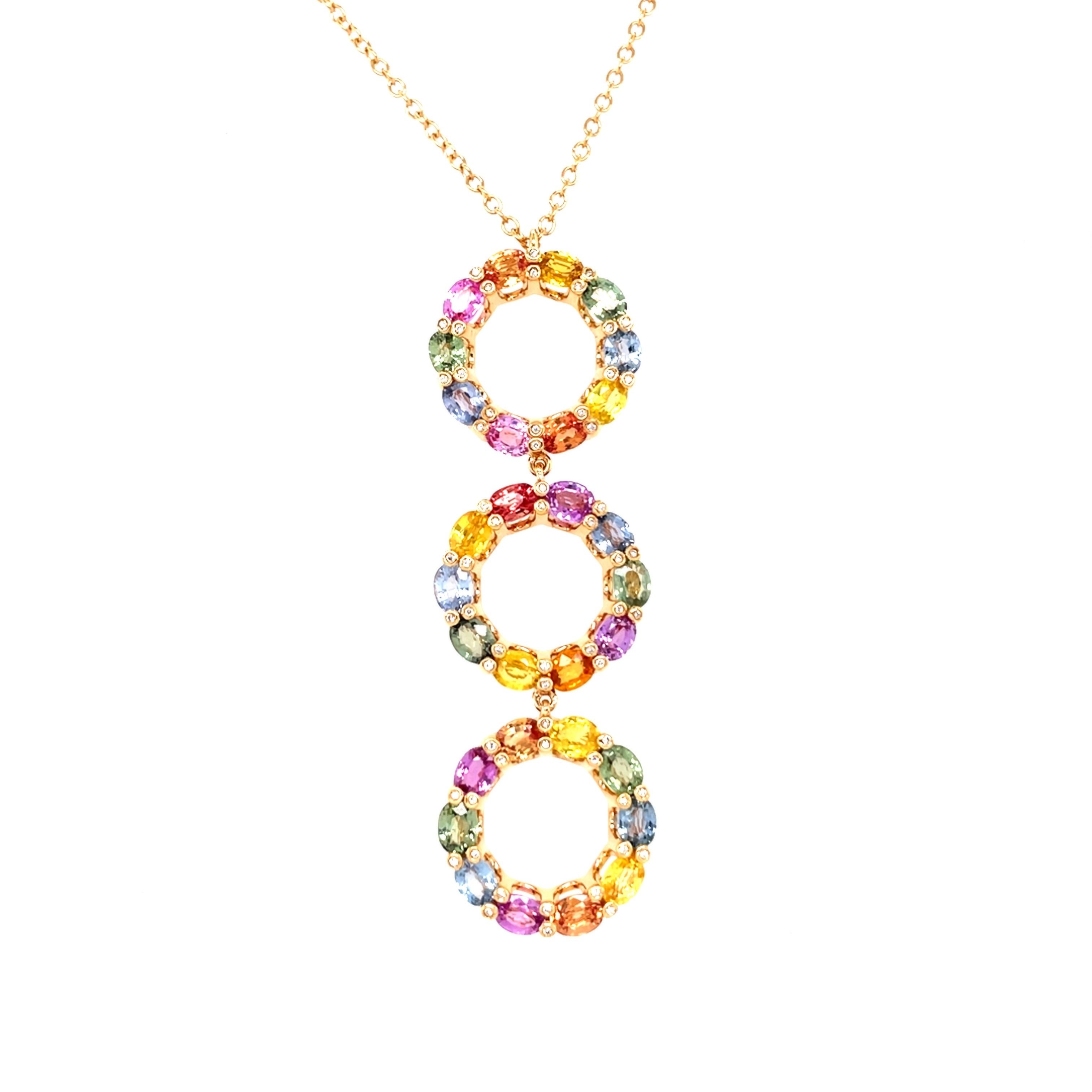 18 Karat Rose Gold Oval Multi-Coloured Sapphires Diamond Pendant For Sale 1