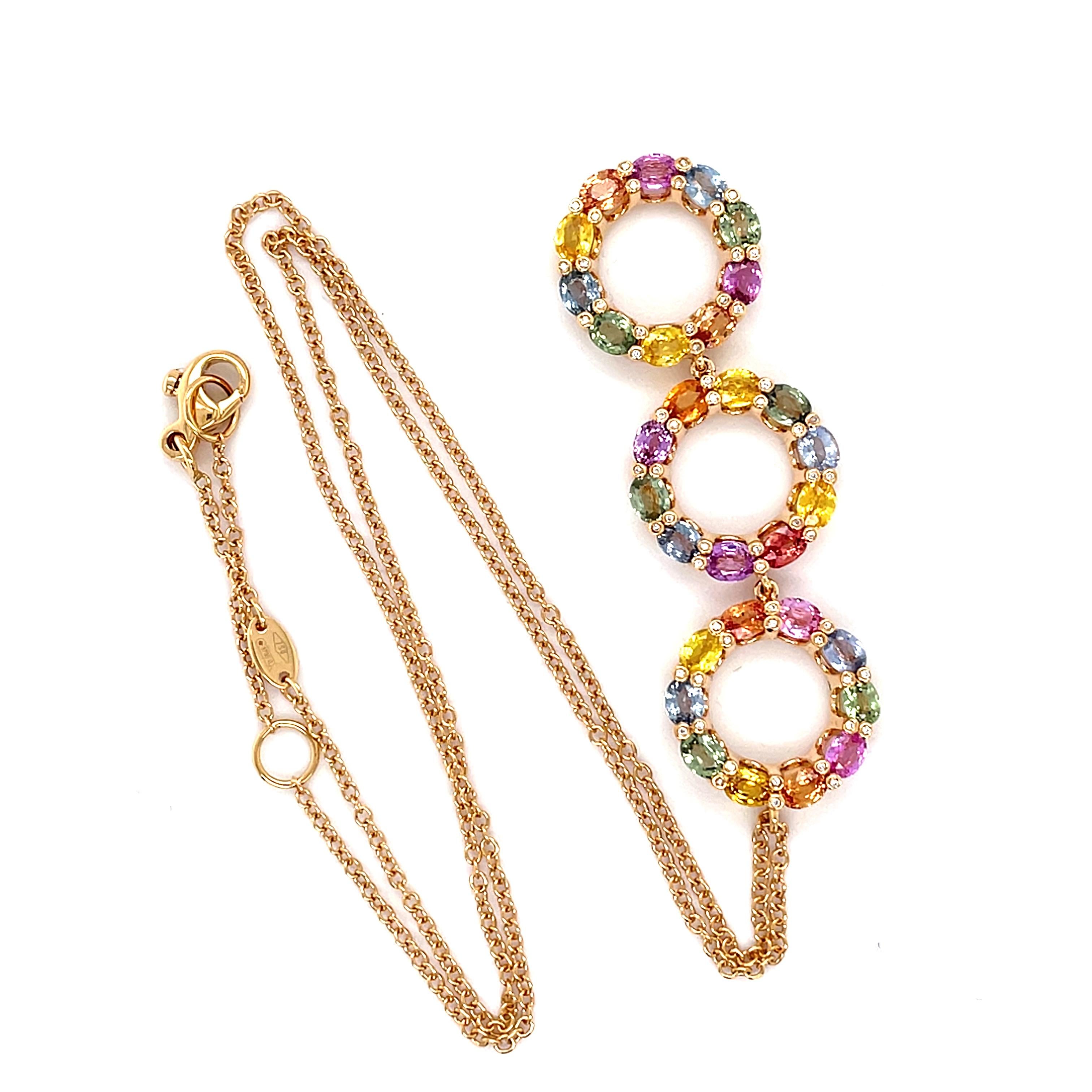 18 Karat Rose Gold Oval Multi-Coloured Sapphires Diamond Pendant For Sale 2