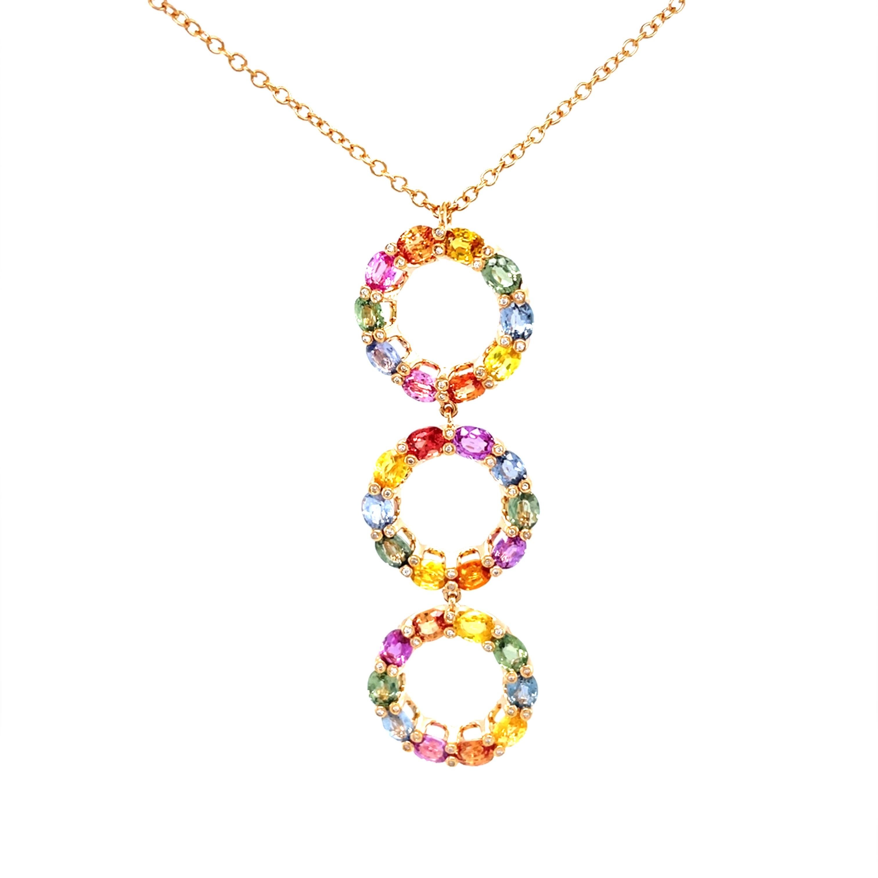 18 Karat Rose Gold Oval Multi-Coloured Sapphires Diamond Pendant For Sale 3