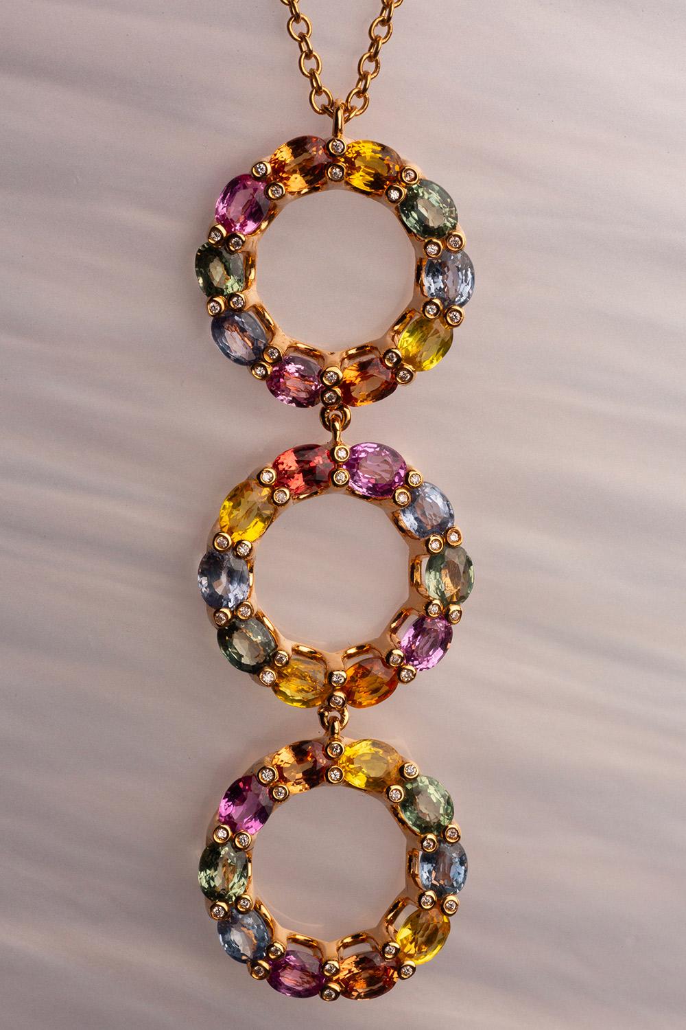 Oval Cut 18 Karat Rose Gold Oval Multi-Coloured Sapphires Diamond Pendant For Sale