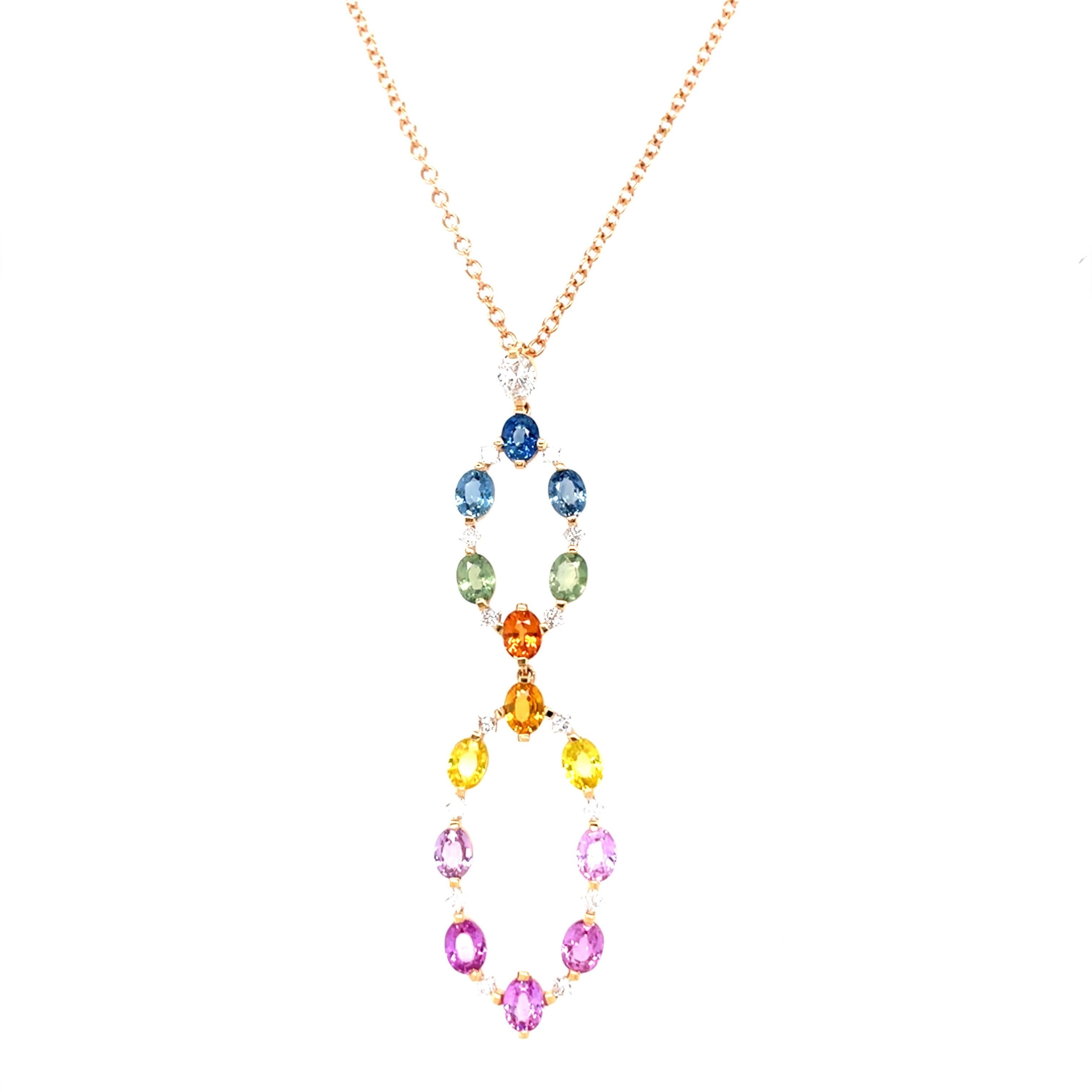 Oval Cut 18 Karat Rose Gold Oval Multi-Colored Sapphires Diamond Pendant For Sale