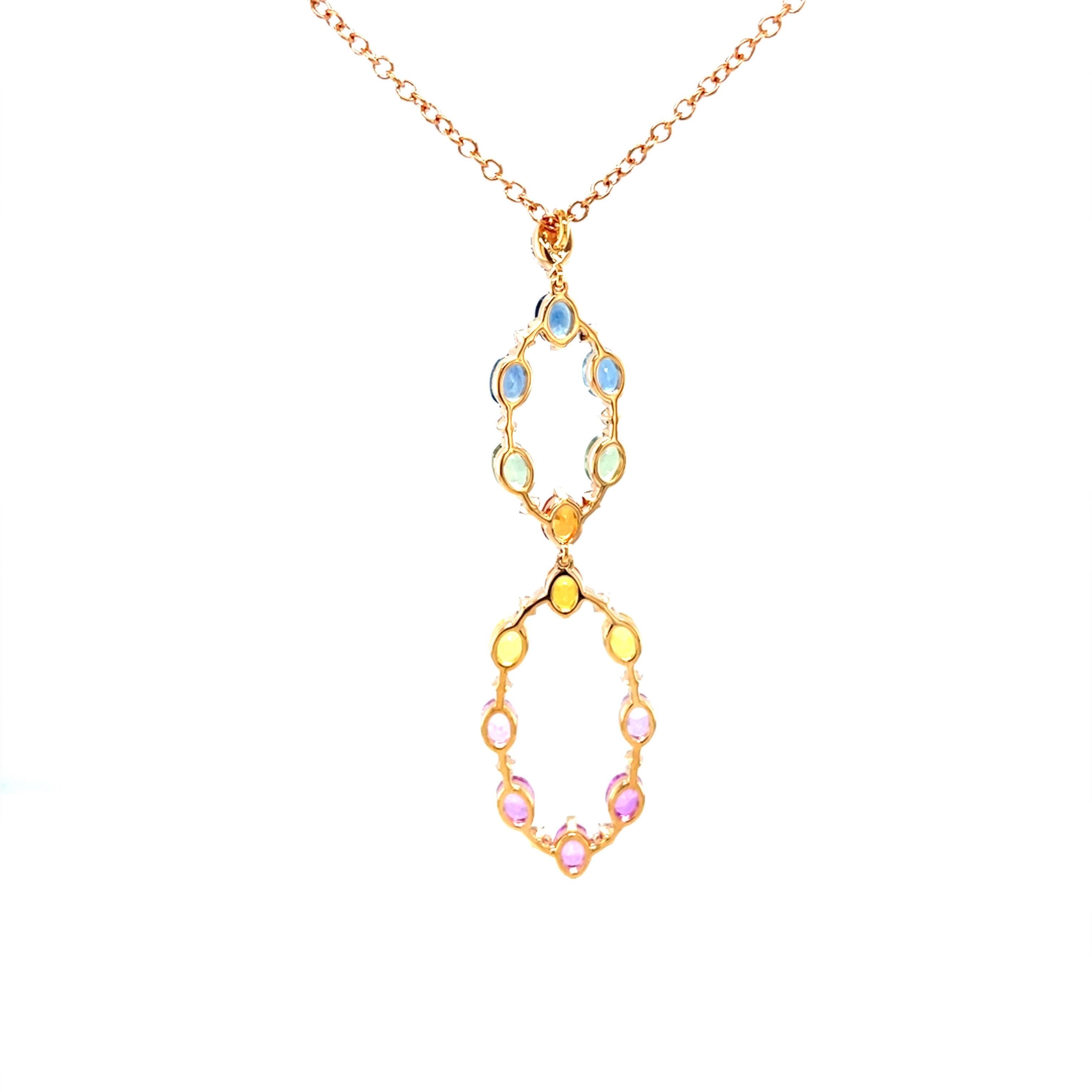 18 Karat Rose Gold Oval Multi-Colored Sapphires Diamond Pendant For Sale 1