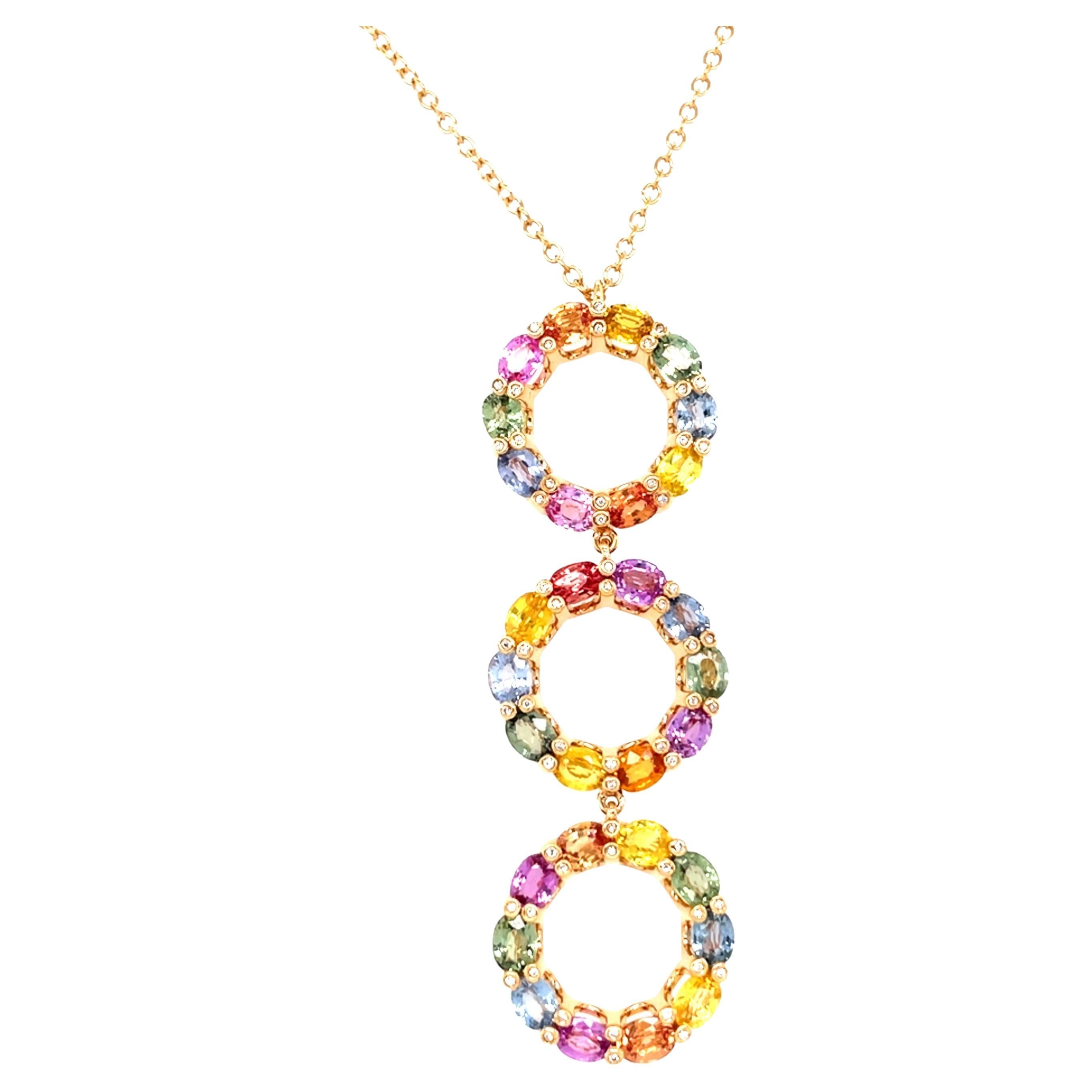 18 Karat Rose Gold Oval Multi-Coloured Sapphires Diamond Pendant For Sale