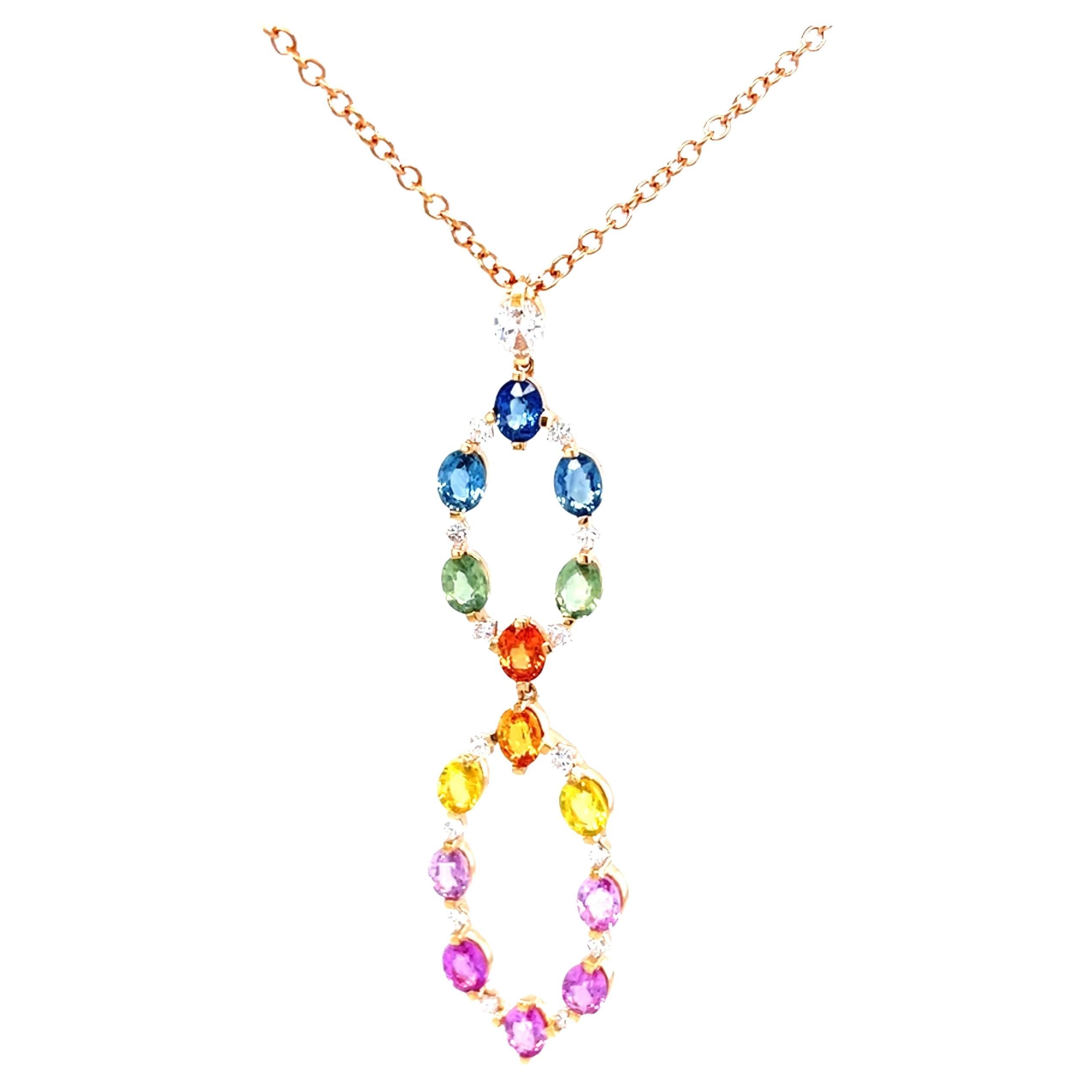 18 Karat Rose Gold Oval Multi-Colored Sapphires Diamond Pendant For Sale