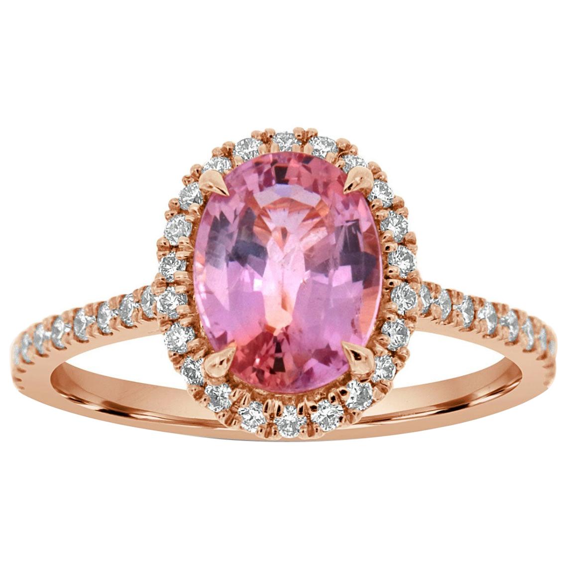 18 Karat Rose Gold Oval Pink Sapphire Halo Ring GIA 'Center 2.11 ct.' For Sale