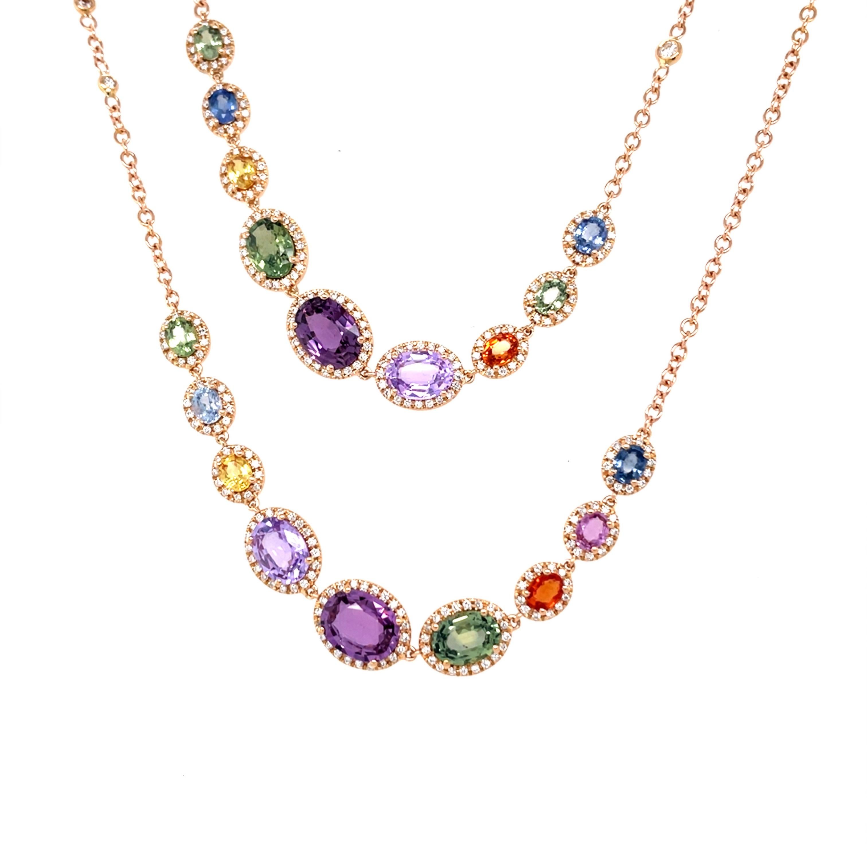 Oval Cut 18 Karat Rose Gold Oval Sapphire Diamond Necklace For Sale