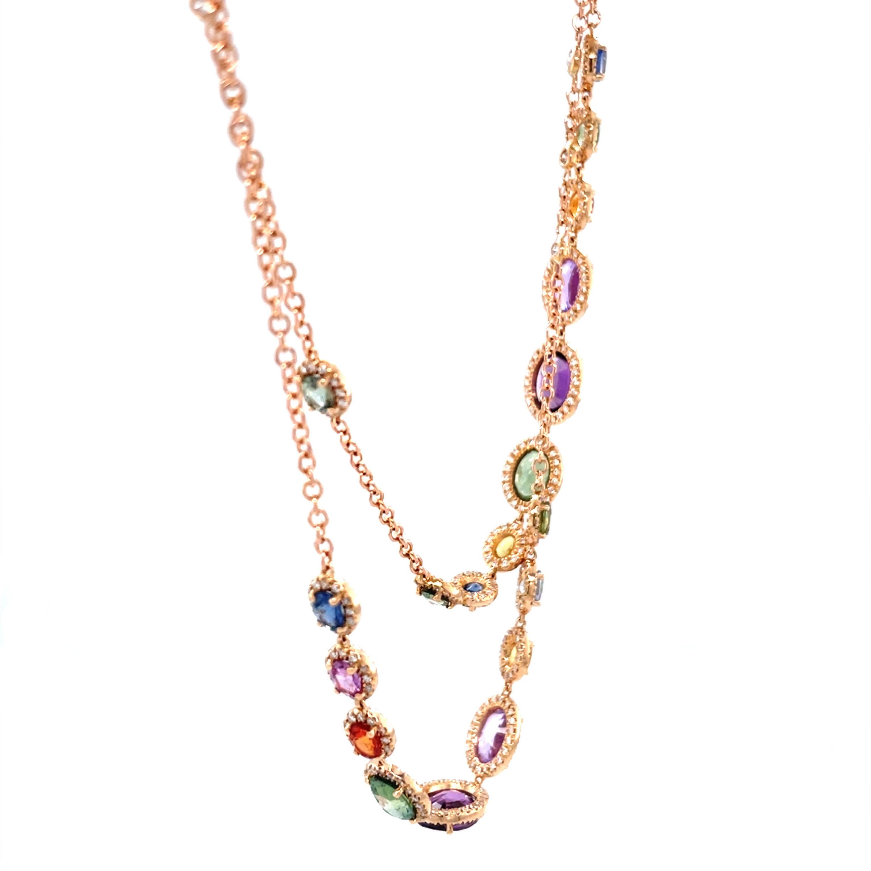 18 Karat Rose Gold Oval Sapphire Diamond Necklace For Sale 1