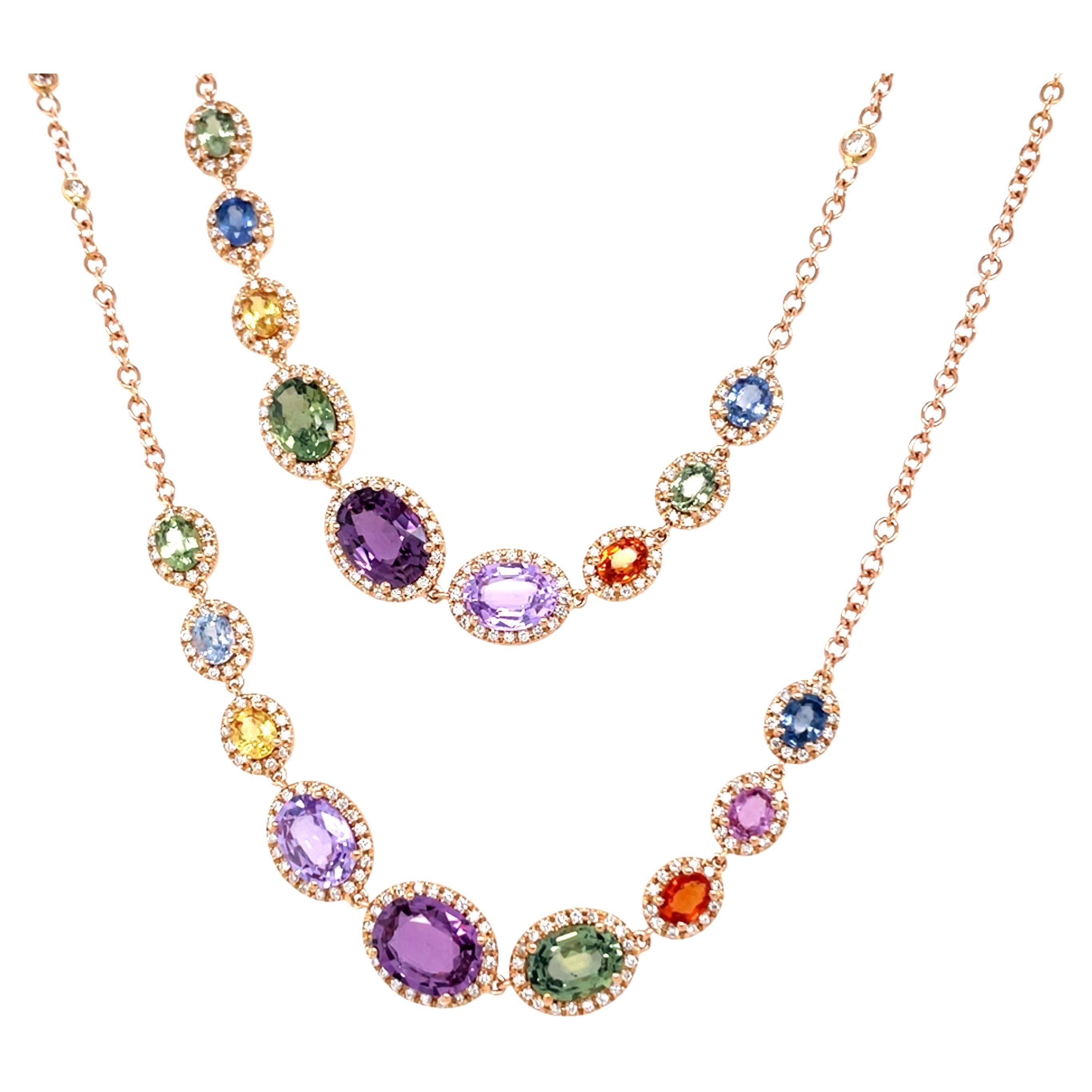 18 Karat Rose Gold Oval Sapphire Diamond Necklace For Sale