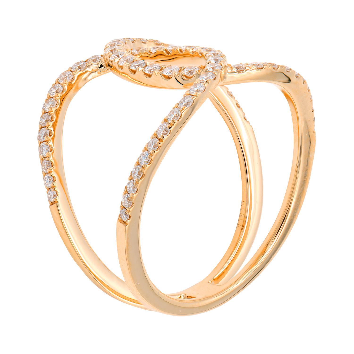 This beautiful fashionable ring appears as if two loops are overlapping each other to make a stunning design. This ring is size 6.5 and has 62 round VS2, G color diamonds totaling 0.47 carats which are set in 3.4 grams of 18 karat rose gold. 