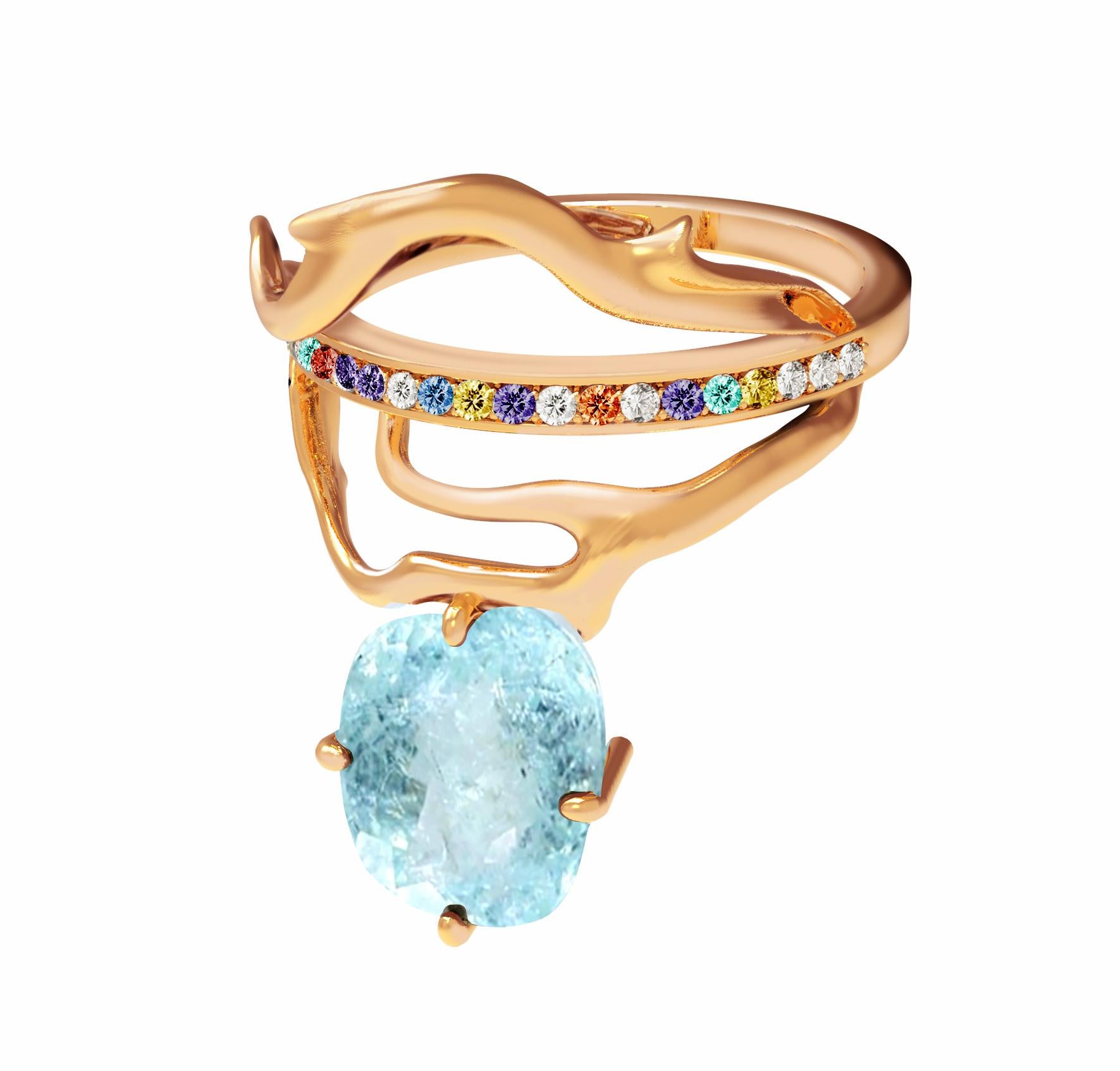 18 Karat Rose Gold Paraiba Tourmaline Tibetan Ring with Diamonds and Emeralds For Sale 8
