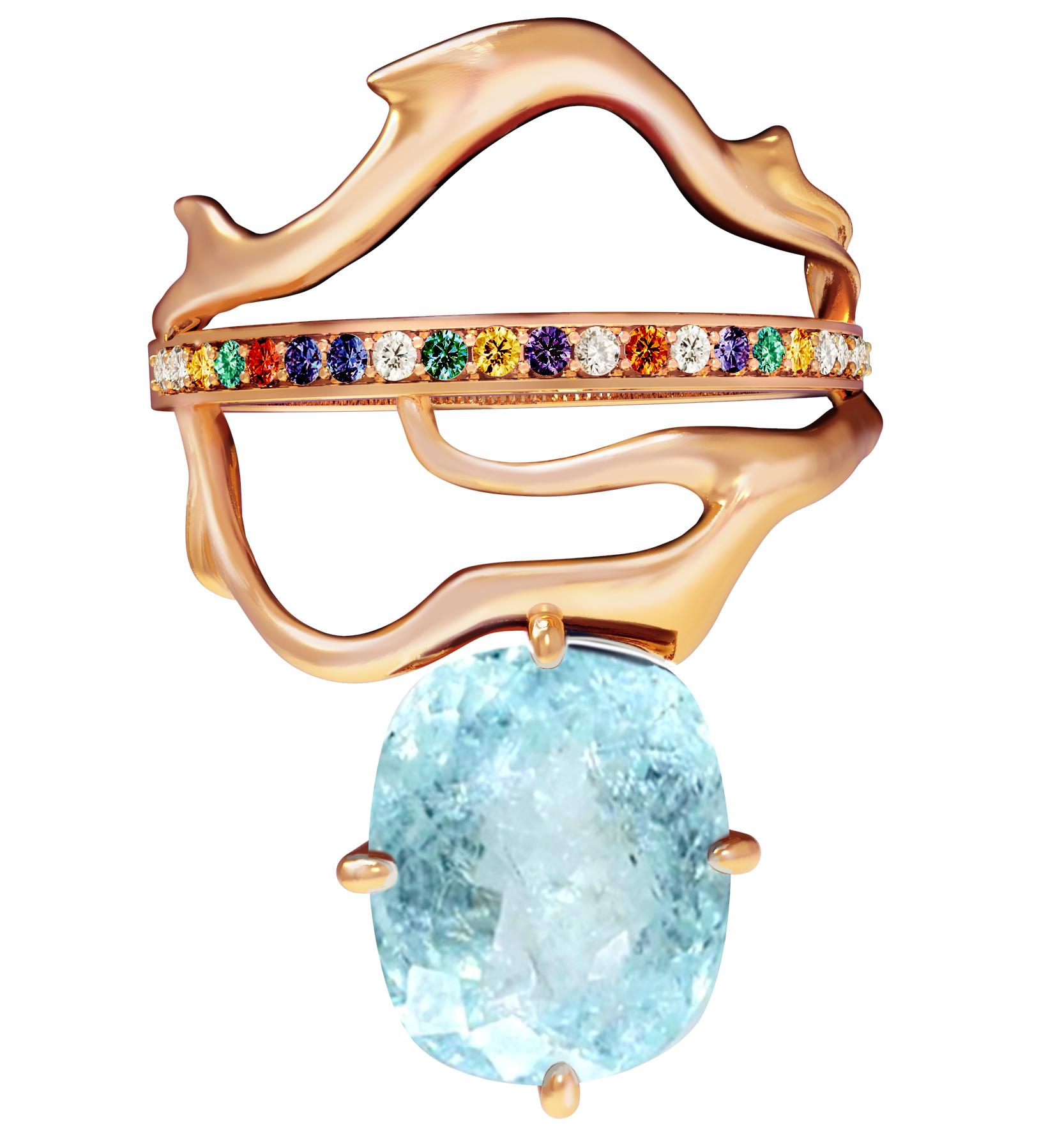 An unusual form makes this Tibetan 18 karat rose gold contemporary ring an art object. It is encrusted with: colourful sapphires, diamonds, emeralds and oval paraiba tourmaline  (neon copper bearing, 2,4 carats, blue with inclusions). Size is custom