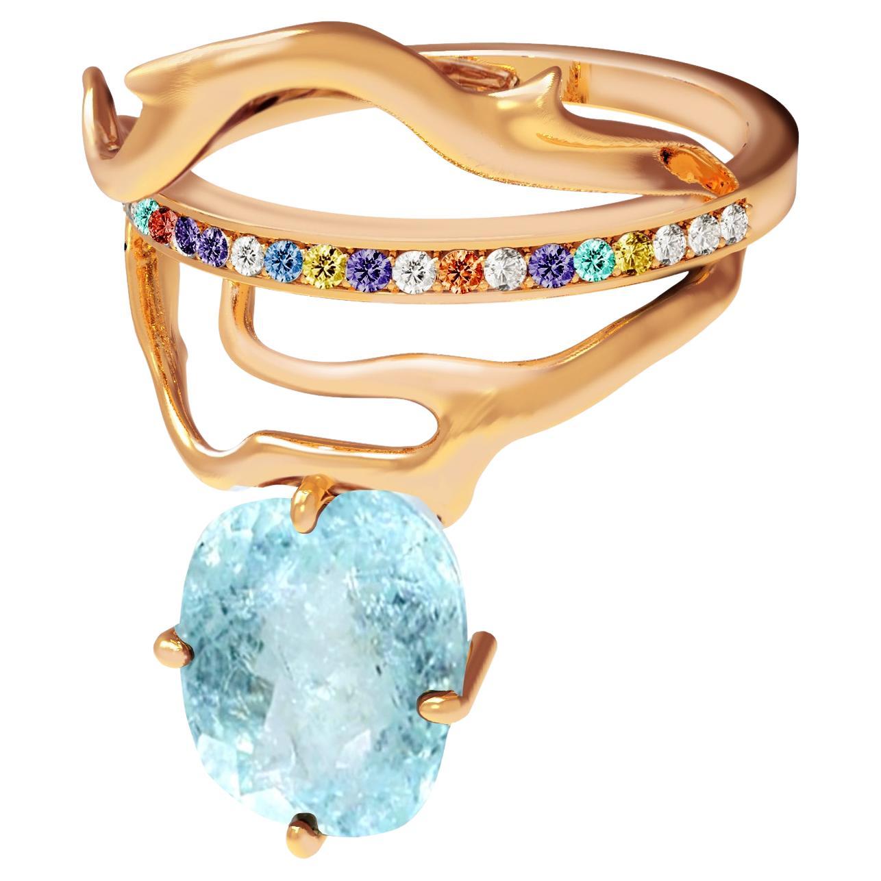 Tibetischer Ring aus 18 Karat Roségold mit Paraiba-Turmalin, Diamanten und Smaragden