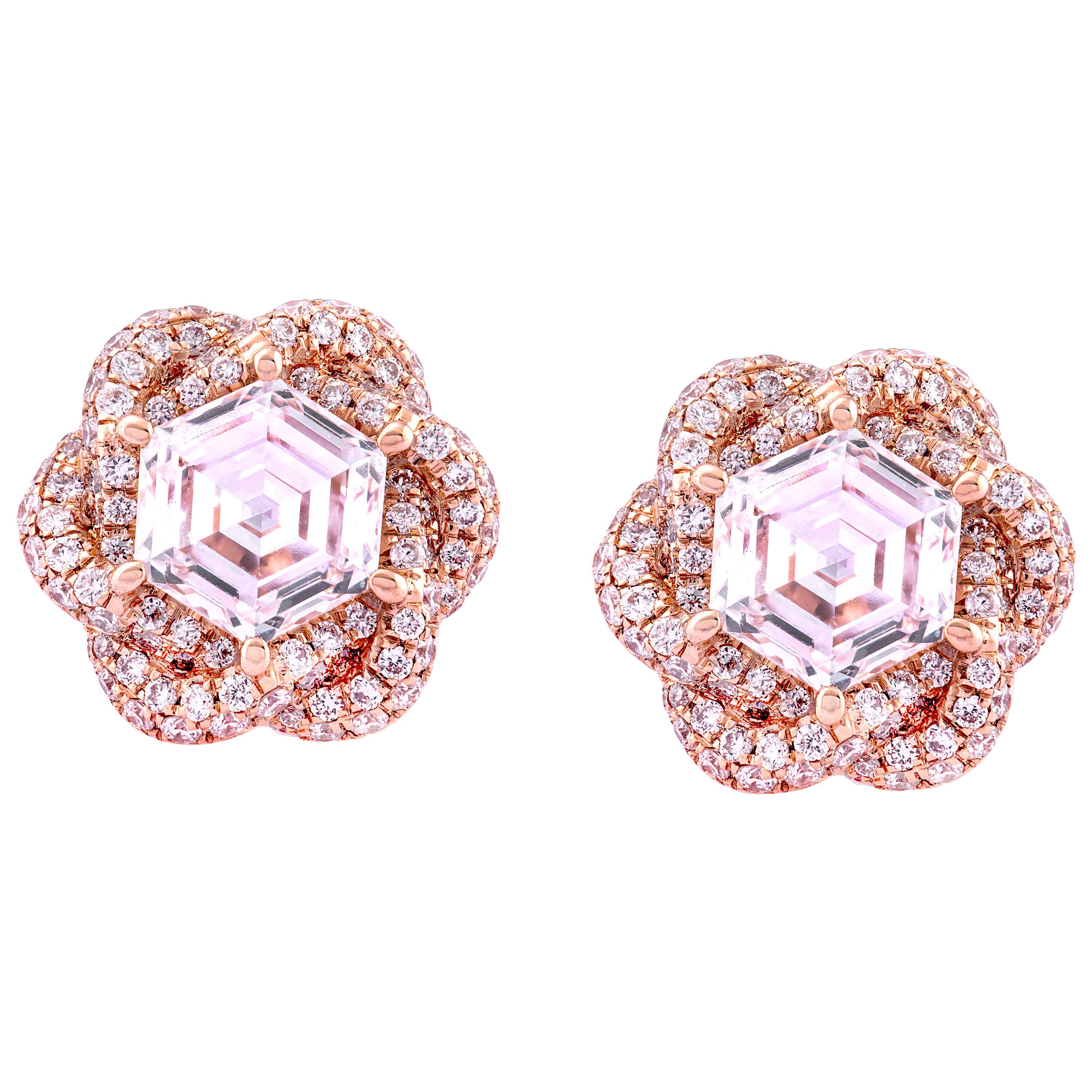 18K Rose Gold Pave Border  0.75ct Each Hexagon Diamond Flower Earrings Studs For Sale