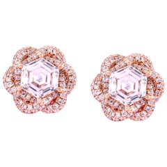 18K Rose Gold Pave Border  0.75ct Each Hexagon Diamond Flower Earrings Studs