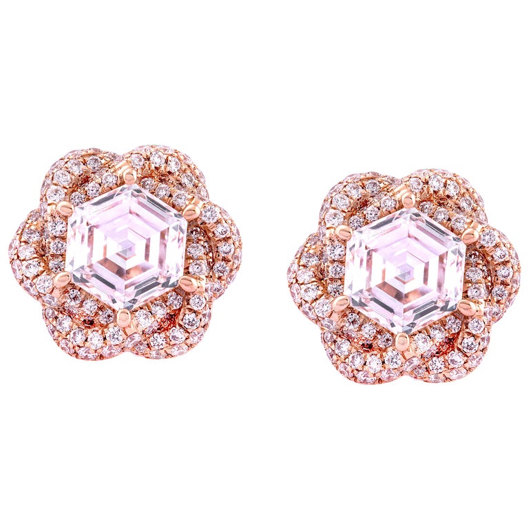 18K Rose Gold Pave Border 0.75ct Each Hexagon Diamond Flower Earrings Studs  For Sale at 1stDibs