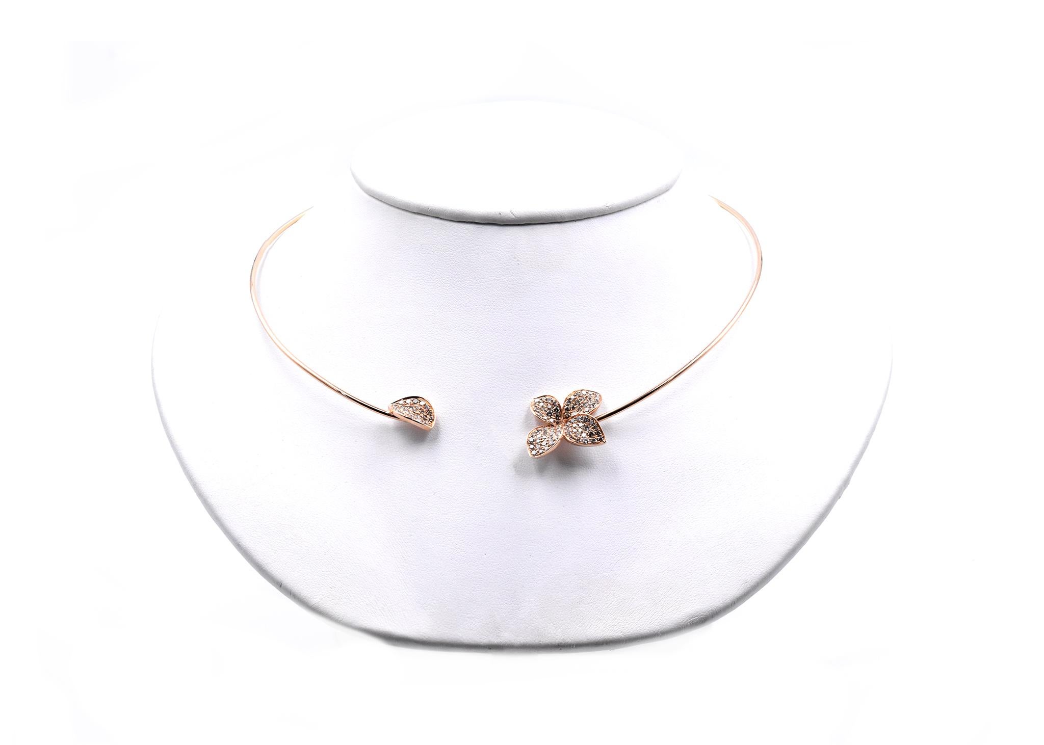 Designer: custom
Material: 18K rose gold
Diamonds: 153 round cut = 2.38cttw
Color: G
Clarity: VS
Dimensions: collar measures 16-inches
Weight: 1.70 grams
