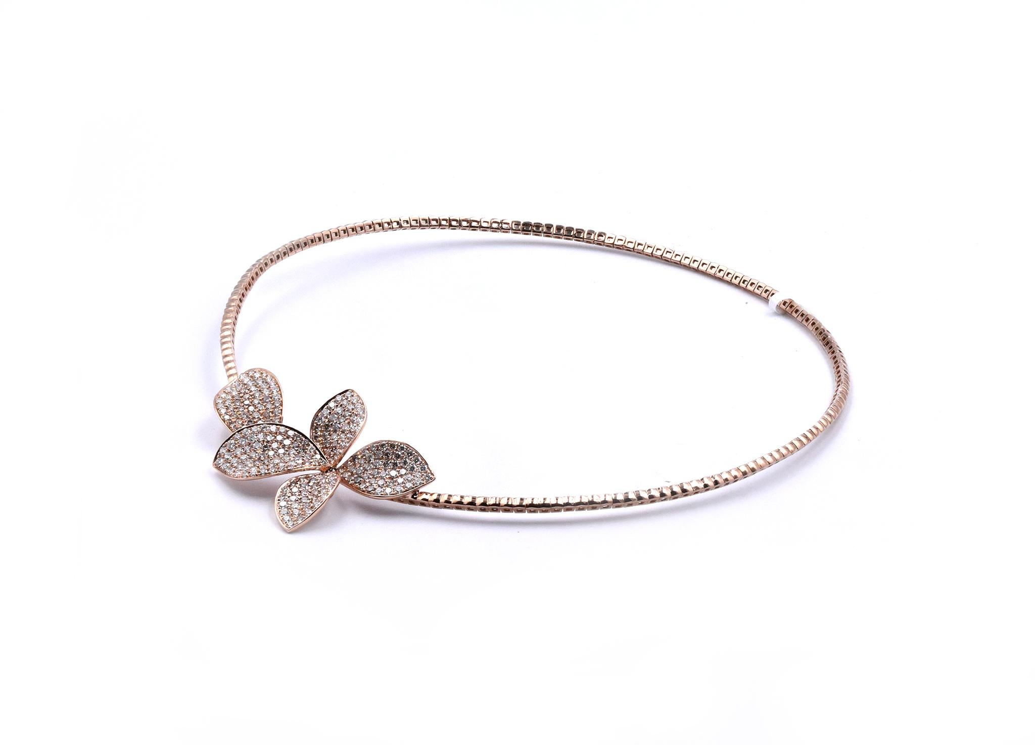 Round Cut 18 Karat Rose Gold Pave Diamond Flower Collar Necklace