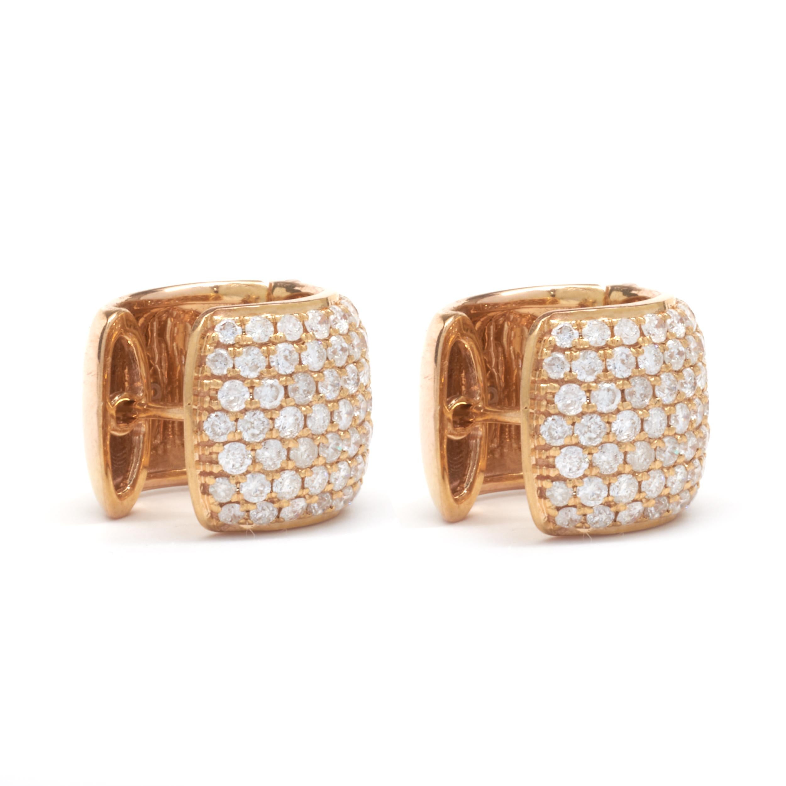 Material: 18k rose gold
Diamond: 132 round brilliant cut = 0.88cttw
Color: G
Clarity: VS1-2
Dimensions: earrings measure approximately 14 X 11mm
Fastenings: snap backs
Weight: 8.05 grams
