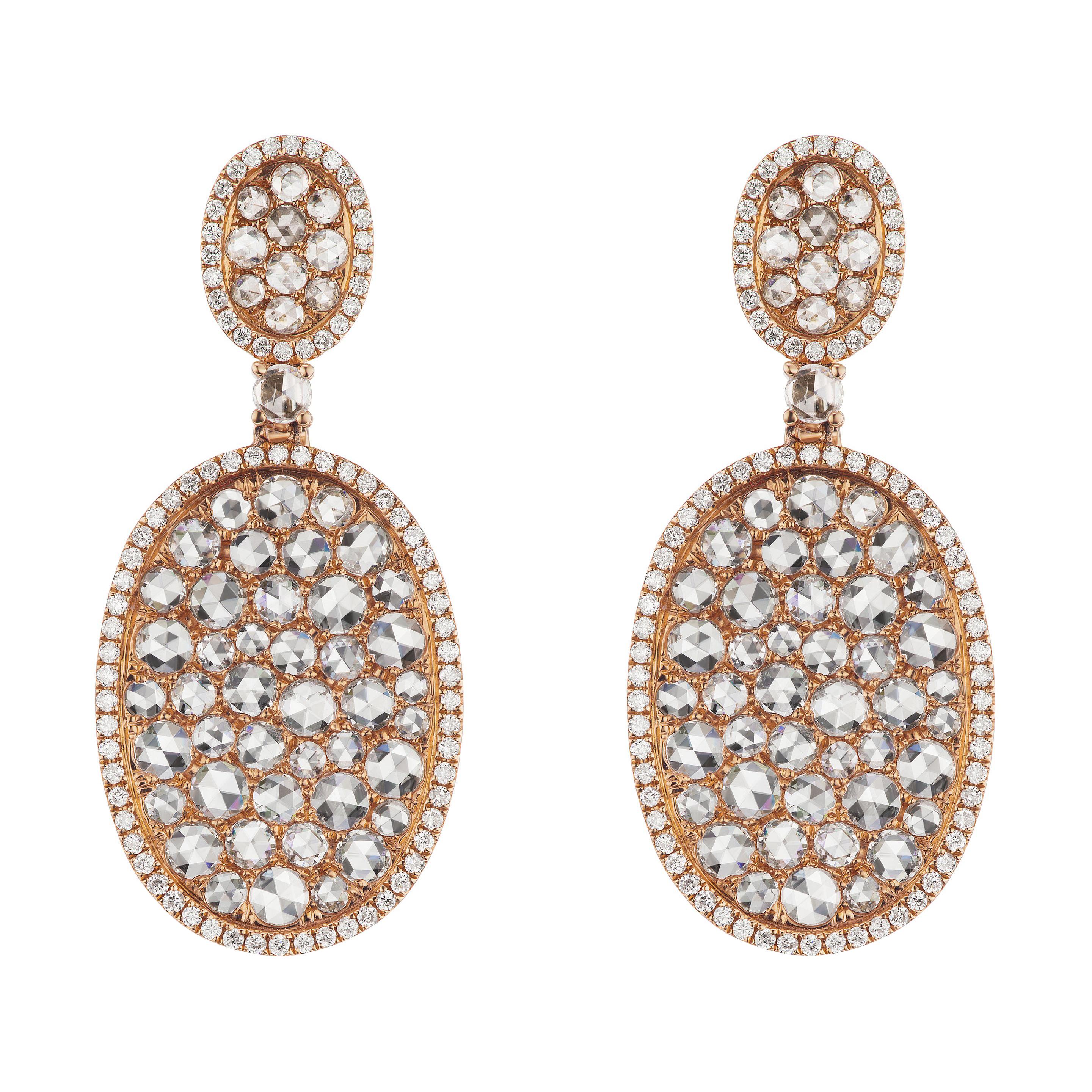 18 Karat Rose Gold Pave Diamond Oval Drop Earring