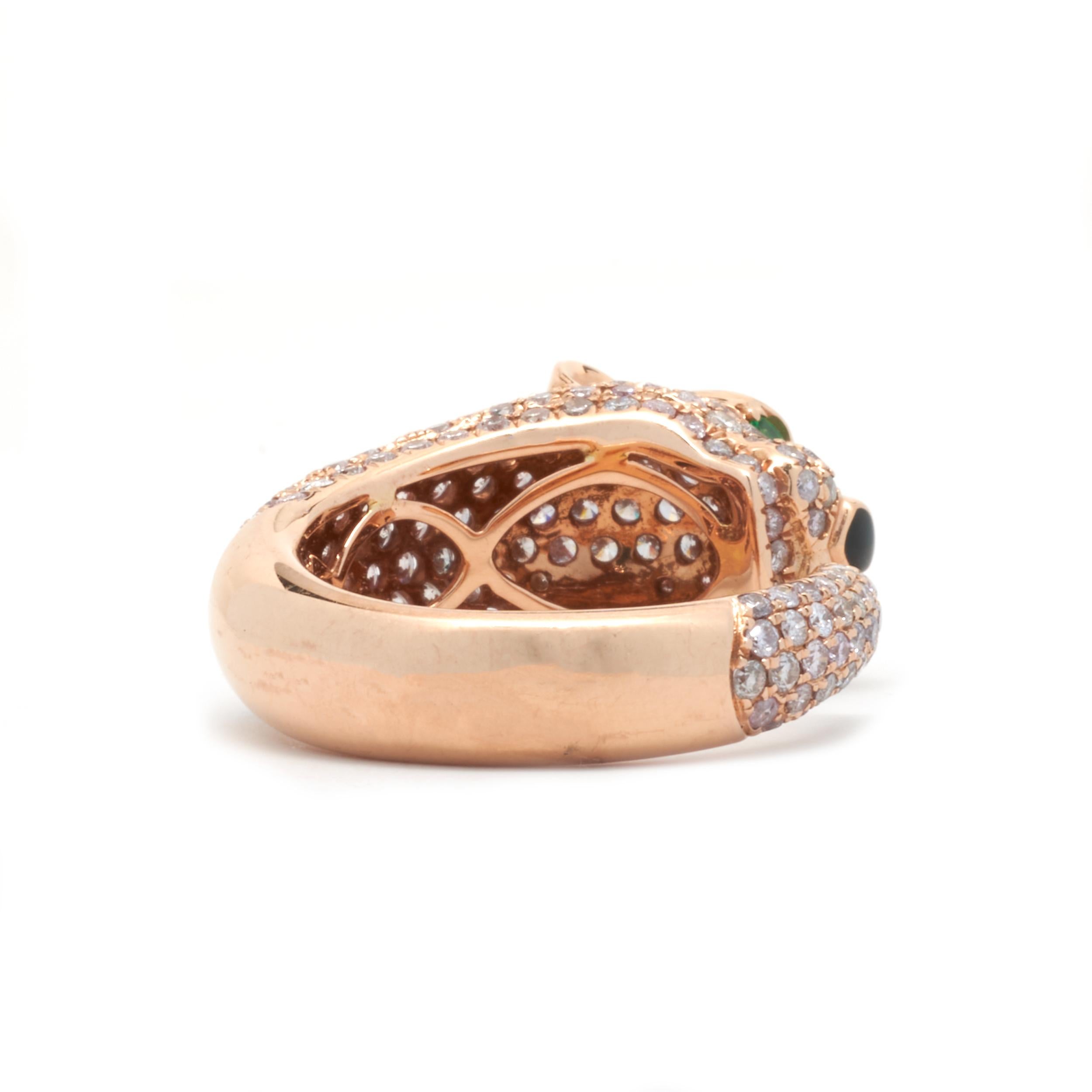 Designer: custom design
Material: 18k rose gold
Diamonds: 226 round brilliant cut= 2.65cttw
Color: G
Clarity: VS
Emerald: 2 round cut= .06cttw
Ring Size: 6 ½ (please allow two additional shipping day for sizing requests)
Dimensions: ring is
