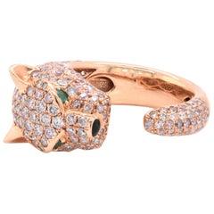 18 Karat Rose Gold Pave Diamond Panther Ring with Emerald Eyes