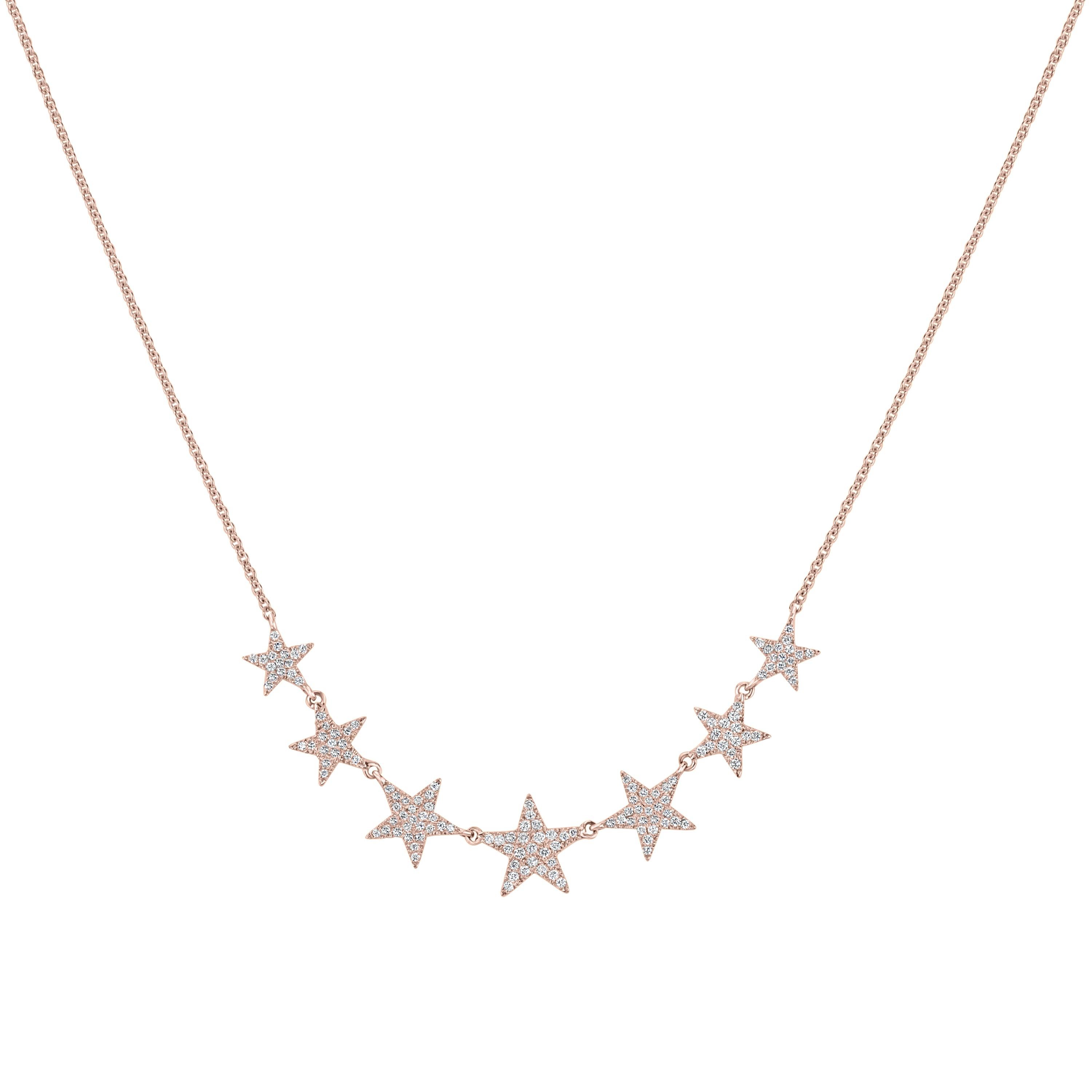 Wear your wishes around your neck with this charming star necklace. It is made of 142 round diamonds in pave. It comes with a lobster clasp and the hanging length is 15 inches.

JEWELRY SPECIFICATION :
Approx. Gold Weight: 3.27 gram
Approx. Diamond