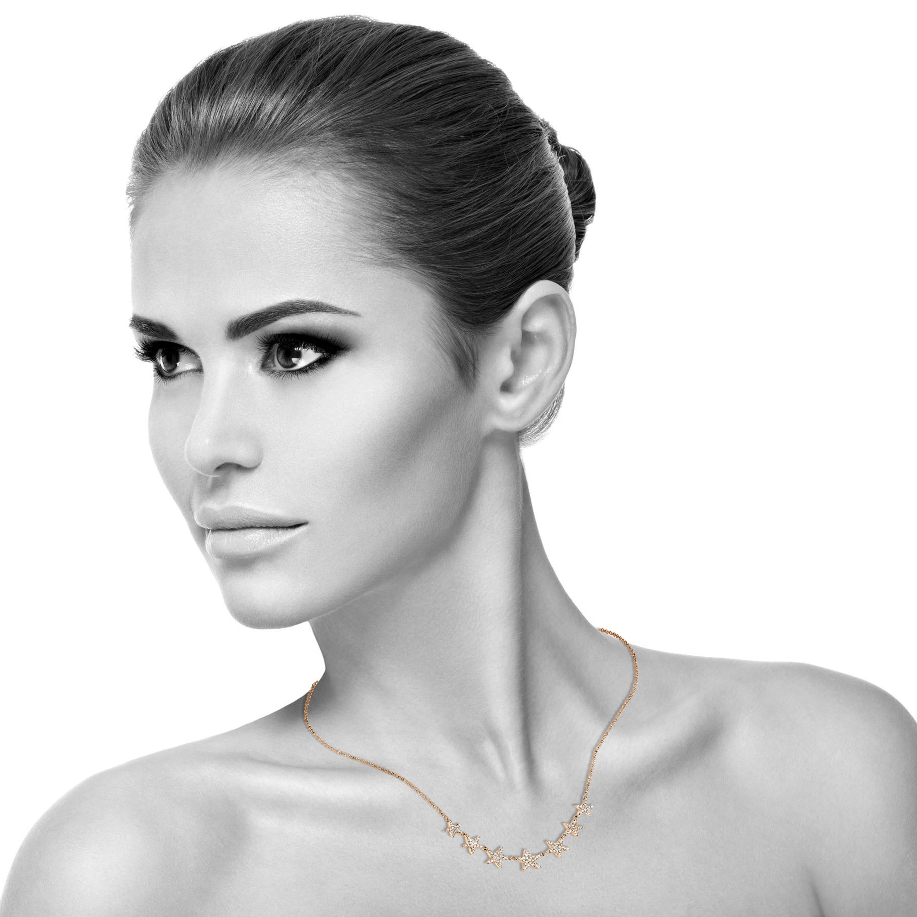 Round Cut 18 Karat Rose Gold Pave Diamond Star Frontal Necklace