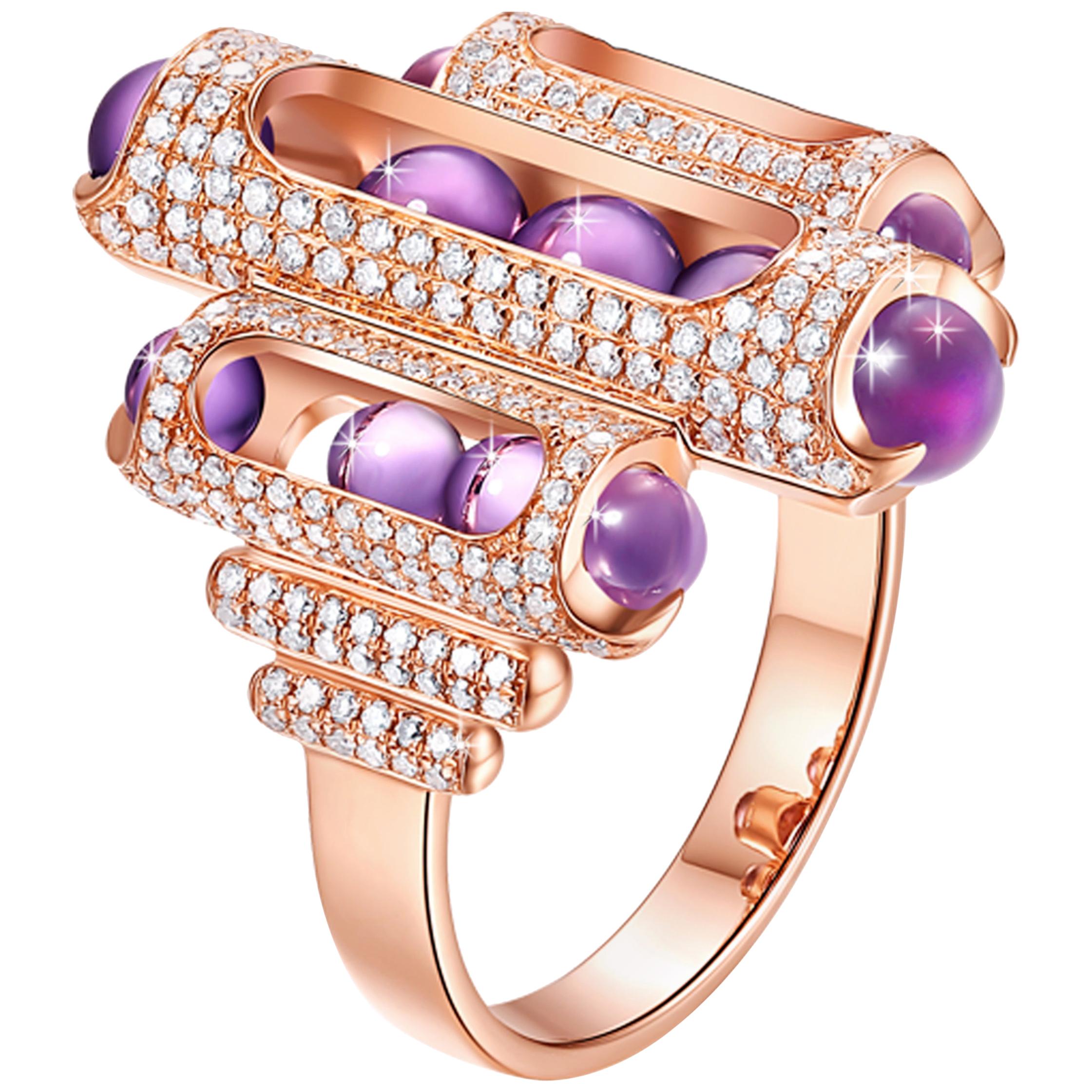 Melody Cocktail Ring 18 Karat Rose Gold Pave Diamonds Purple Amethyst Beads  For Sale