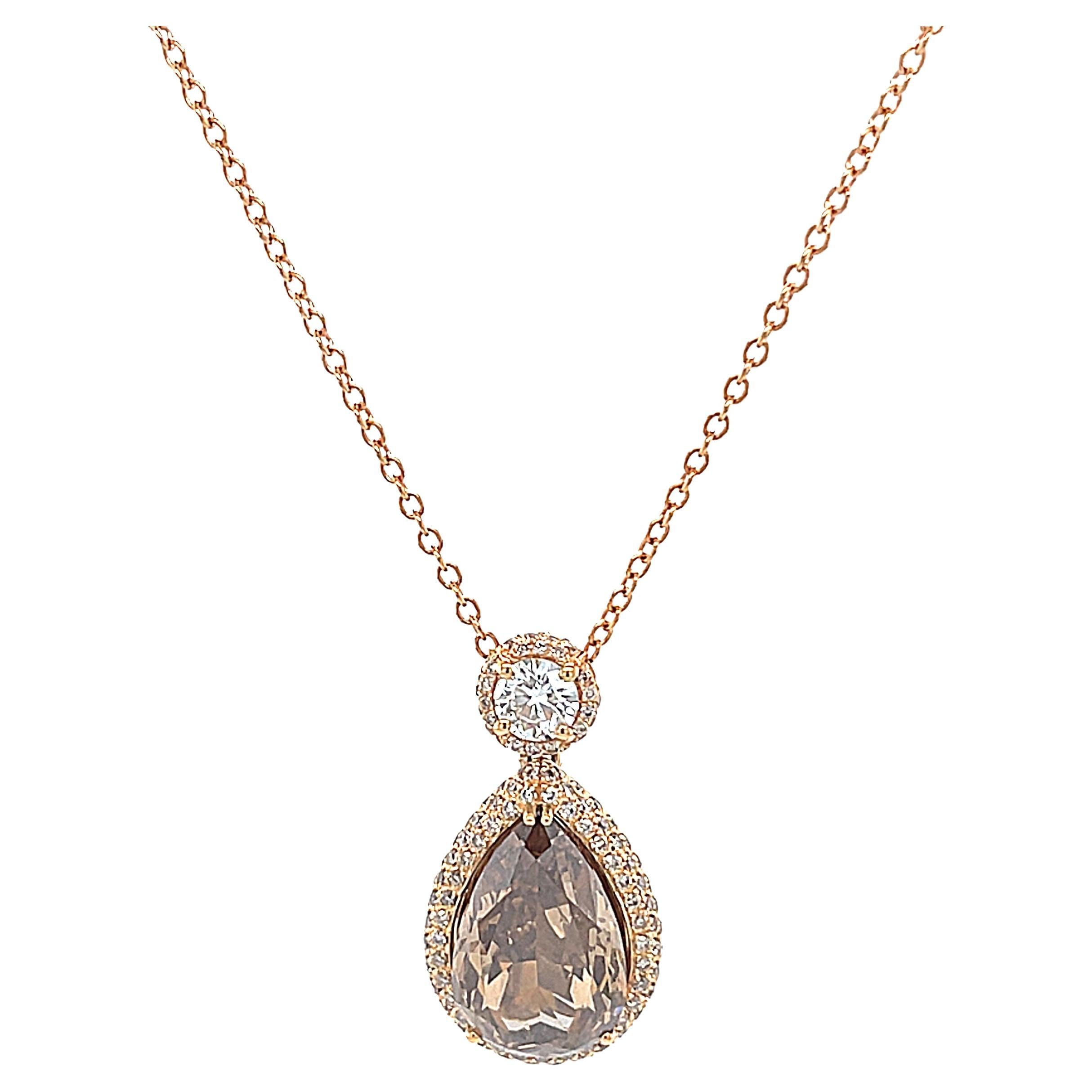Women's 18 Karat Rose Gold Pear Round Diamond Pendant For Sale