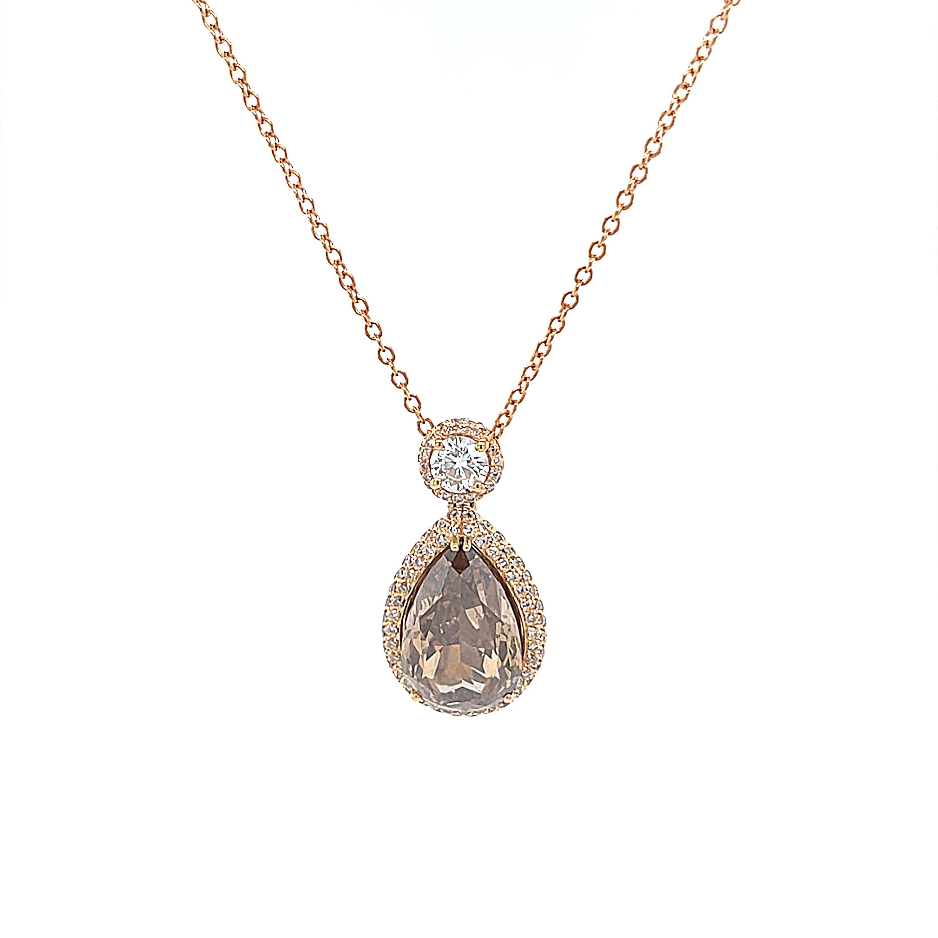 18 Karat Rose Gold Pear Round Diamond Pendant For Sale 2