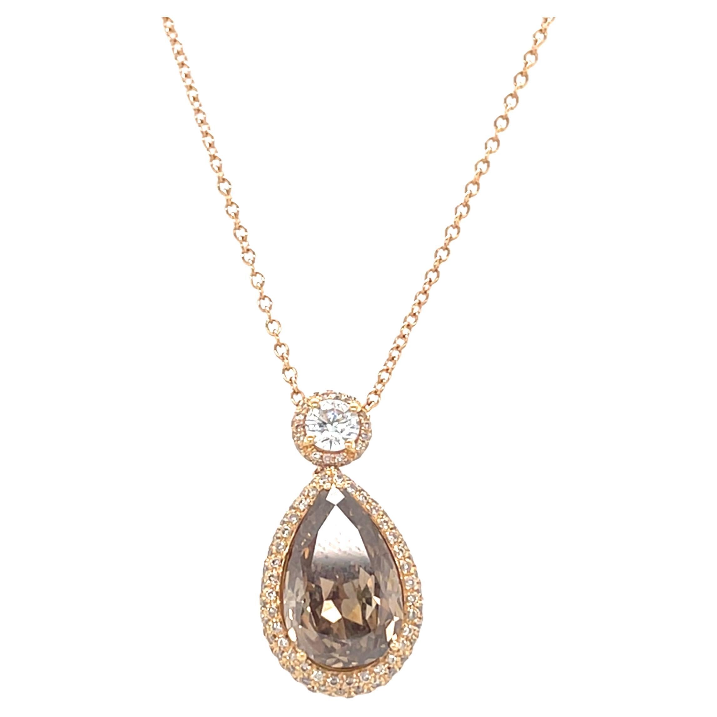 18 Karat Rose Gold Pear Round Diamond Pendant For Sale