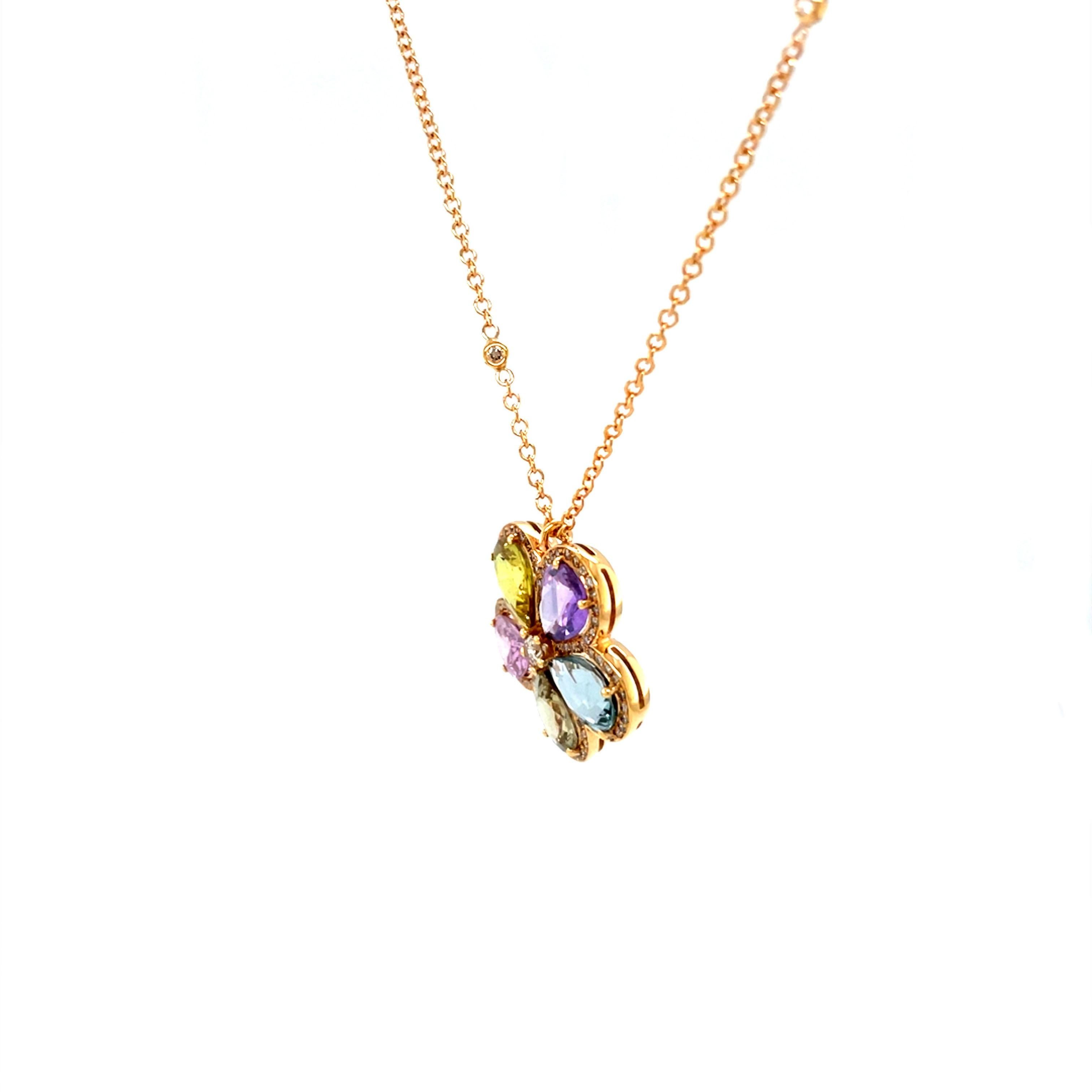 18 Karat Rose Gold Pear Sapphire Diamond Flower Pendant For Sale 1