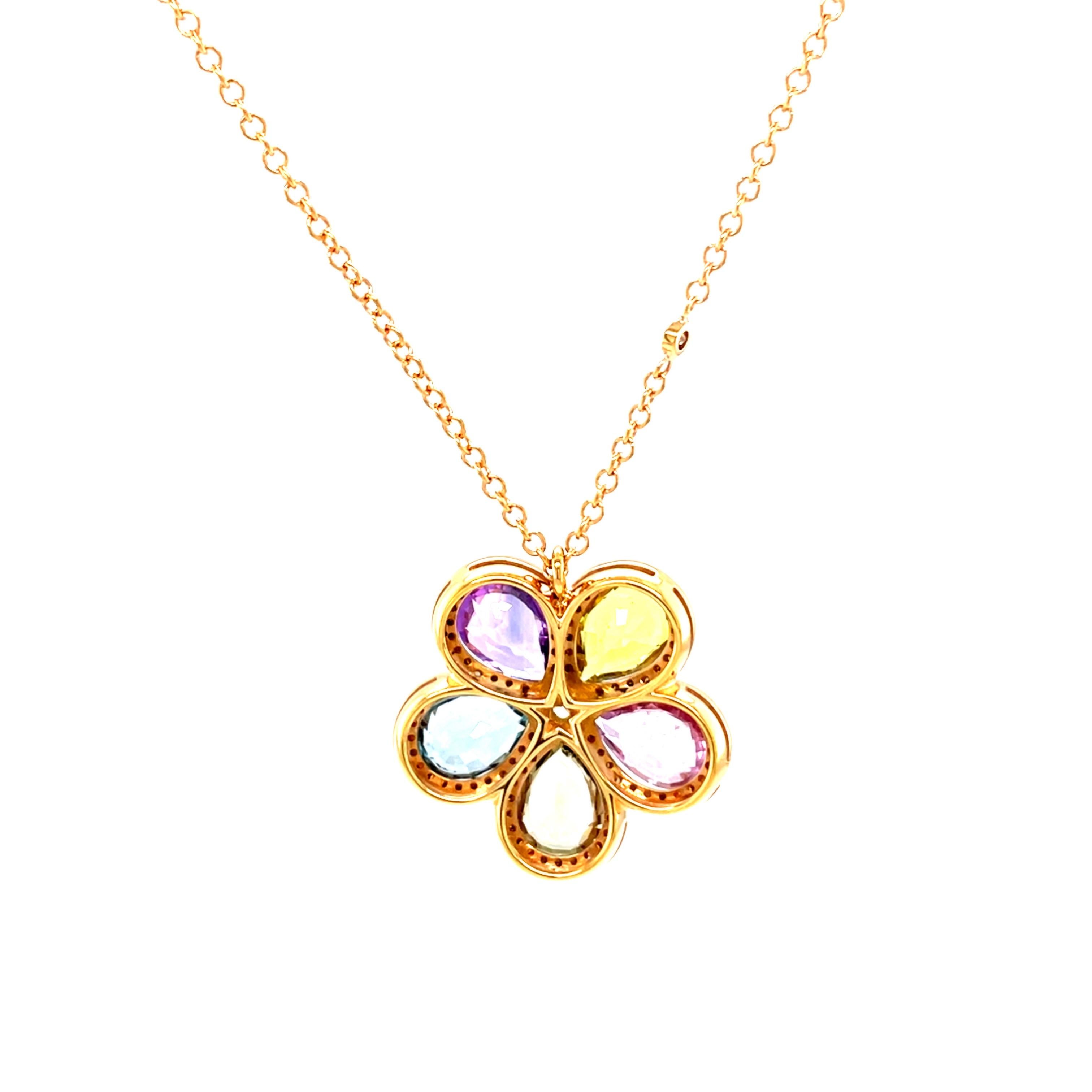 18 Karat Rose Gold Pear Sapphire Diamond Flower Pendant For Sale 2