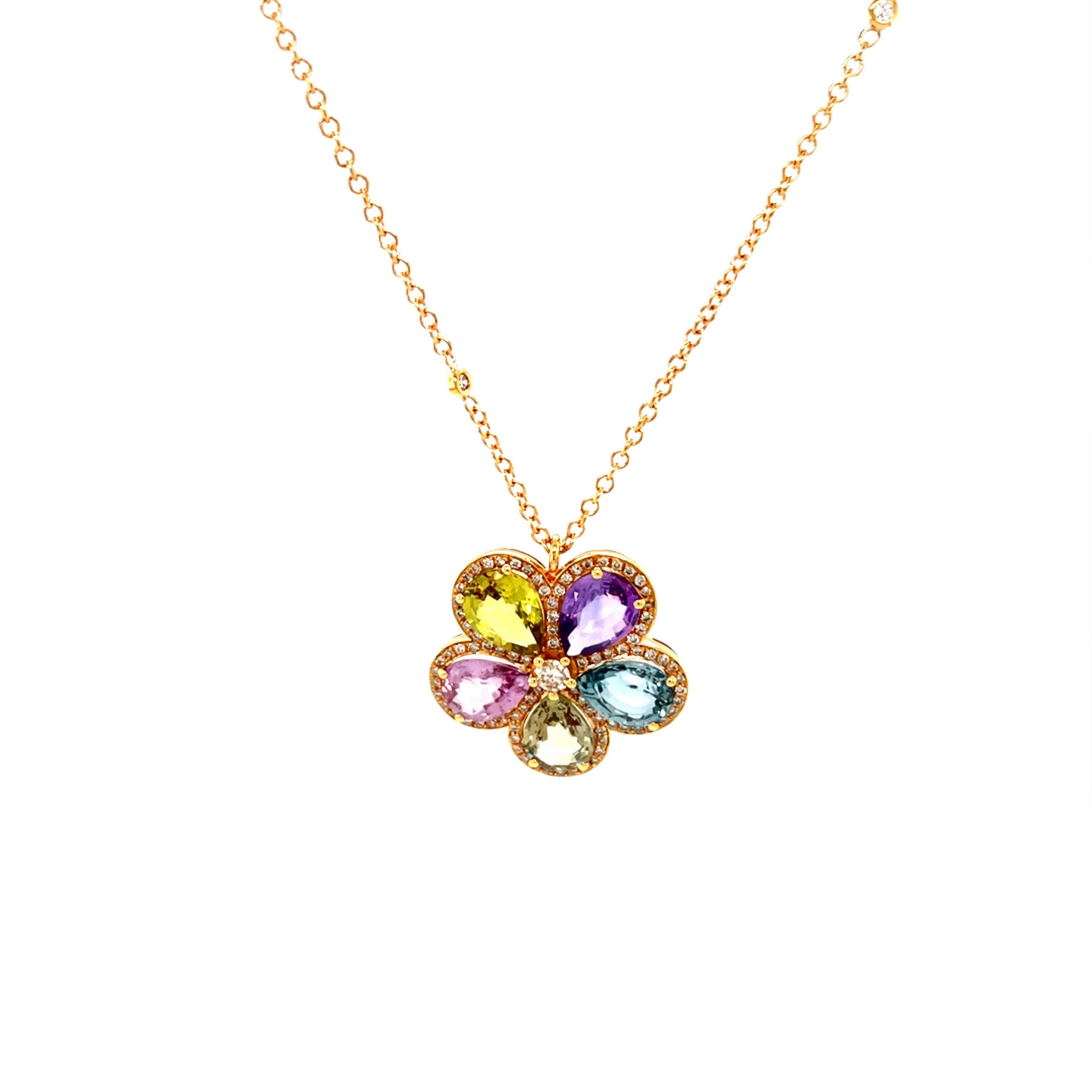 18 Karat Rose Gold Pear Sapphire Diamond Flower Pendant For Sale 3