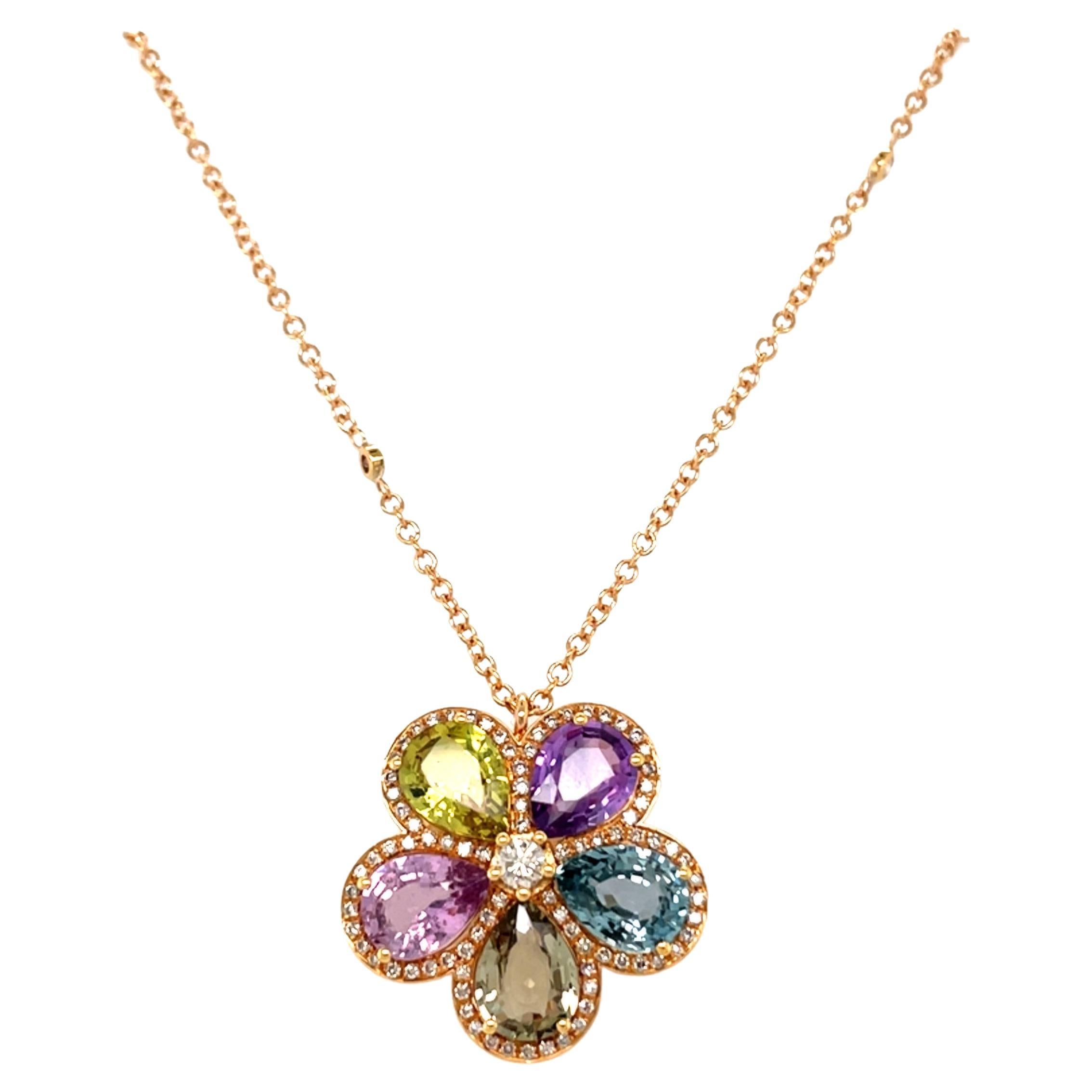 18 Karat Rose Gold Pear Sapphire Diamond Flower Pendant For Sale