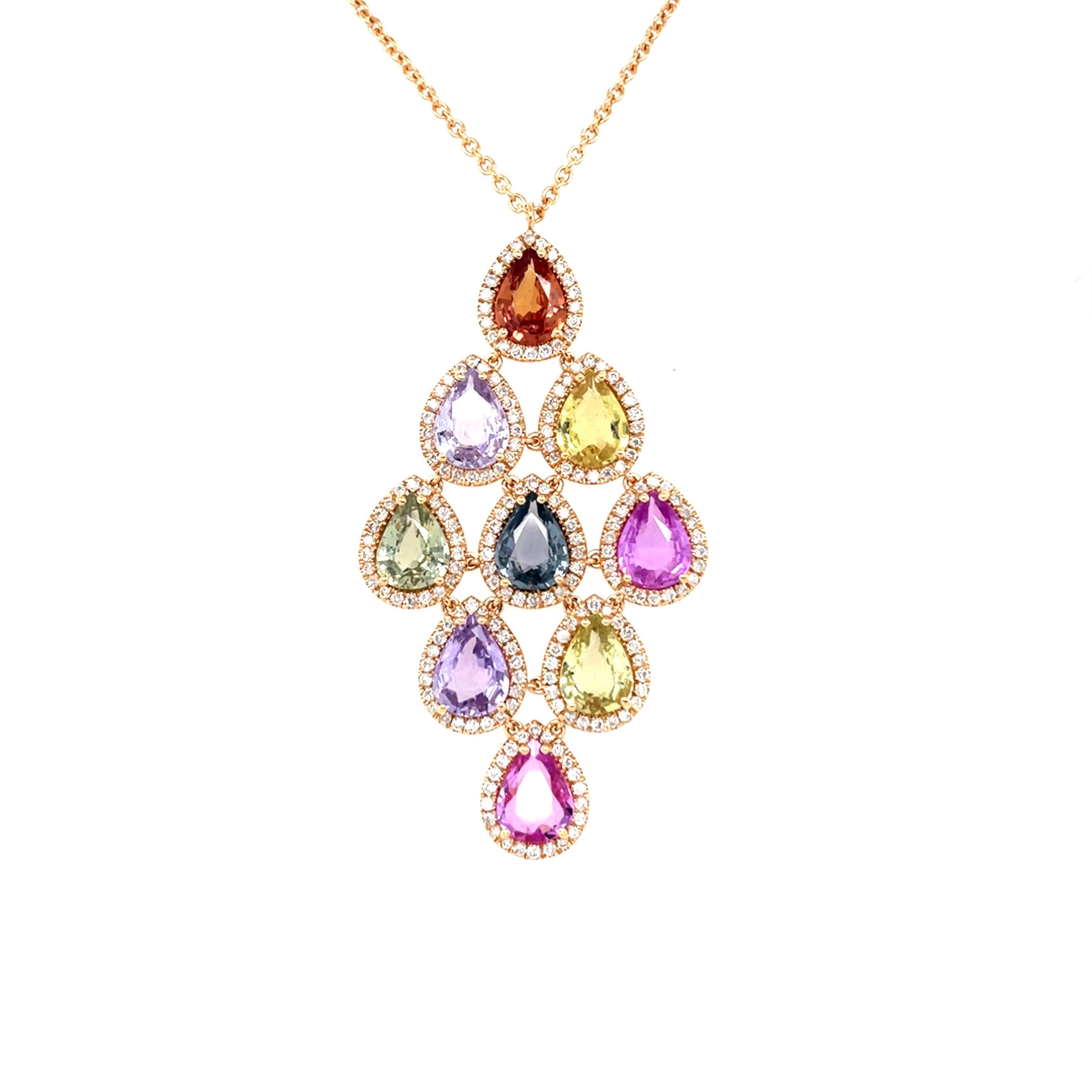 18 Karat Rose Gold Pear Sapphire Diamond Pendant For Sale 2