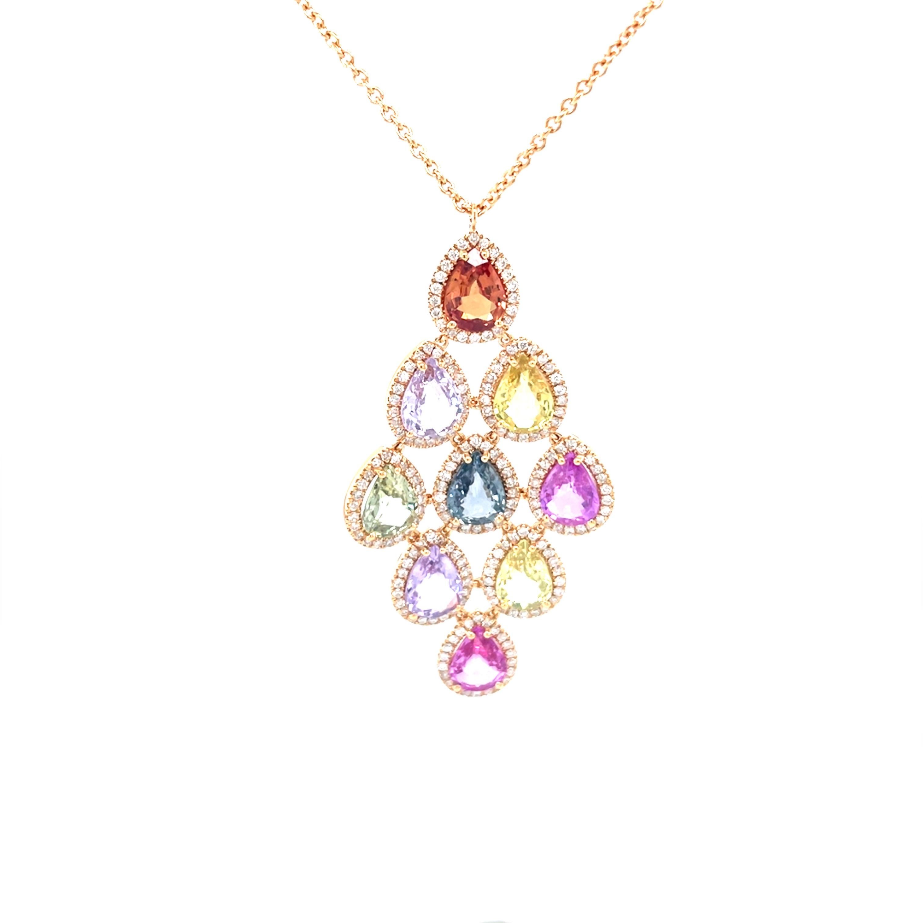 18 Karat Rose Gold Pear Sapphire Diamond Pendant For Sale 3