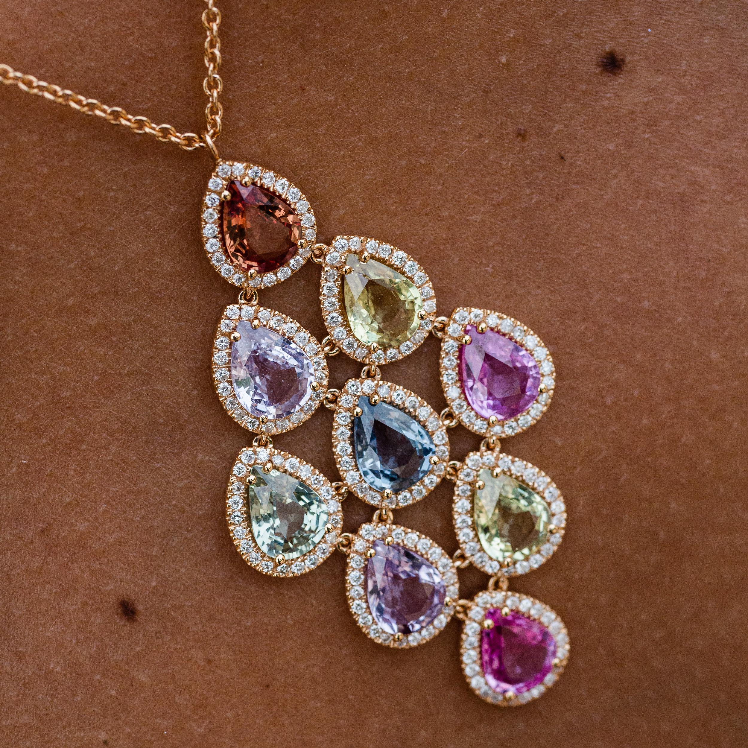 Contemporary 18 Karat Rose Gold Pear Sapphire Diamond Pendant For Sale