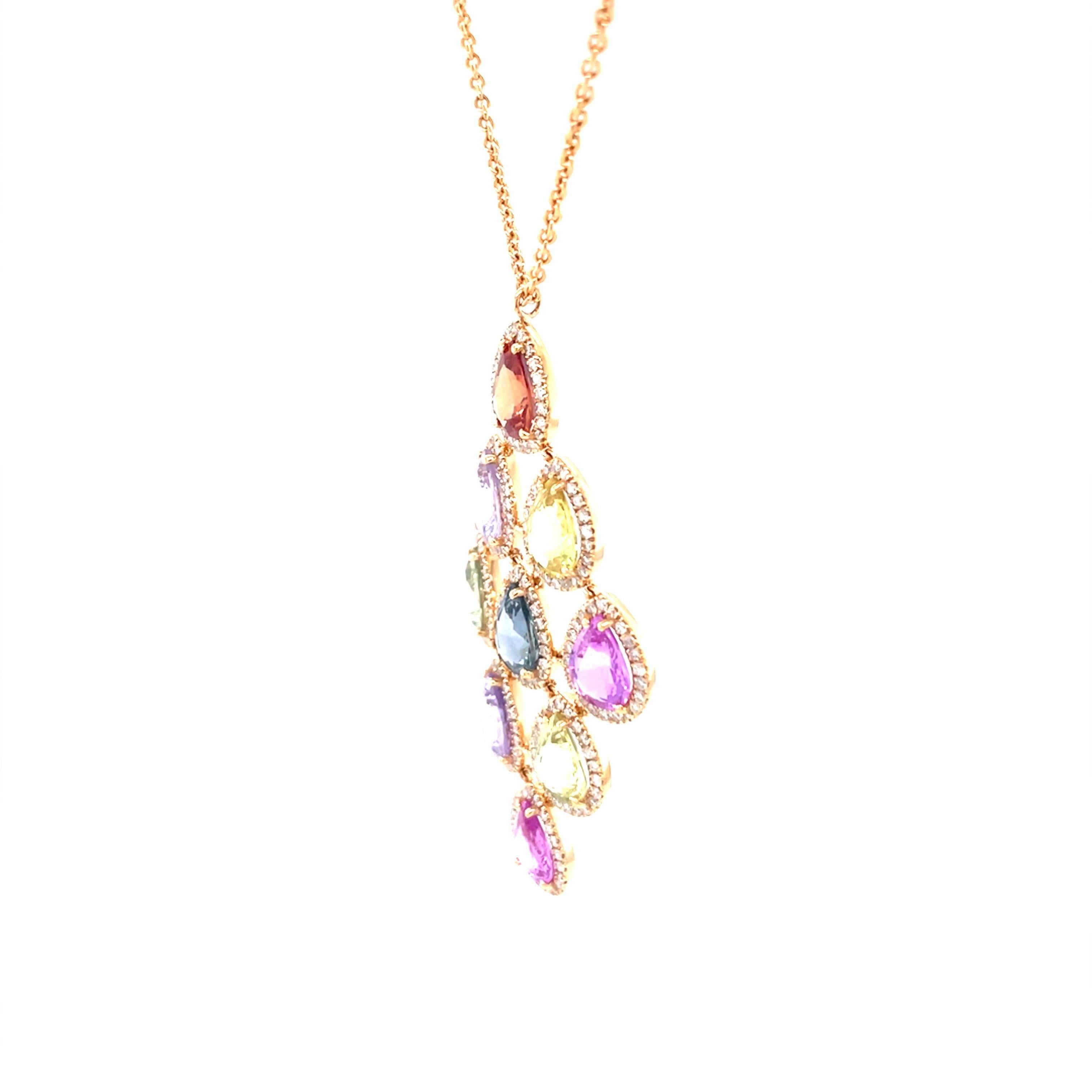 18 Karat Rose Gold Pear Sapphire Diamond Pendant For Sale 4