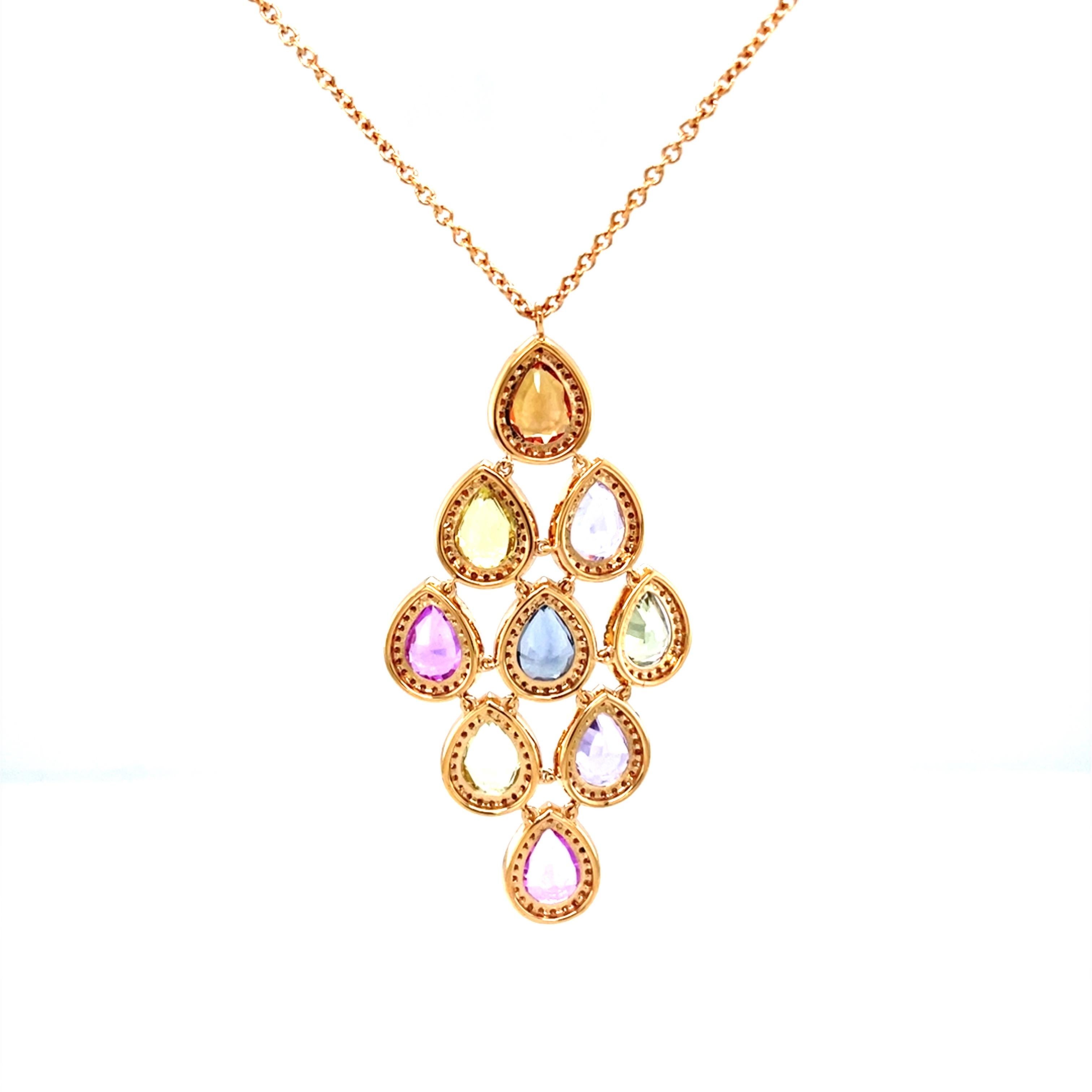 18 Karat Rose Gold Pear Sapphire Diamond Pendant For Sale 5