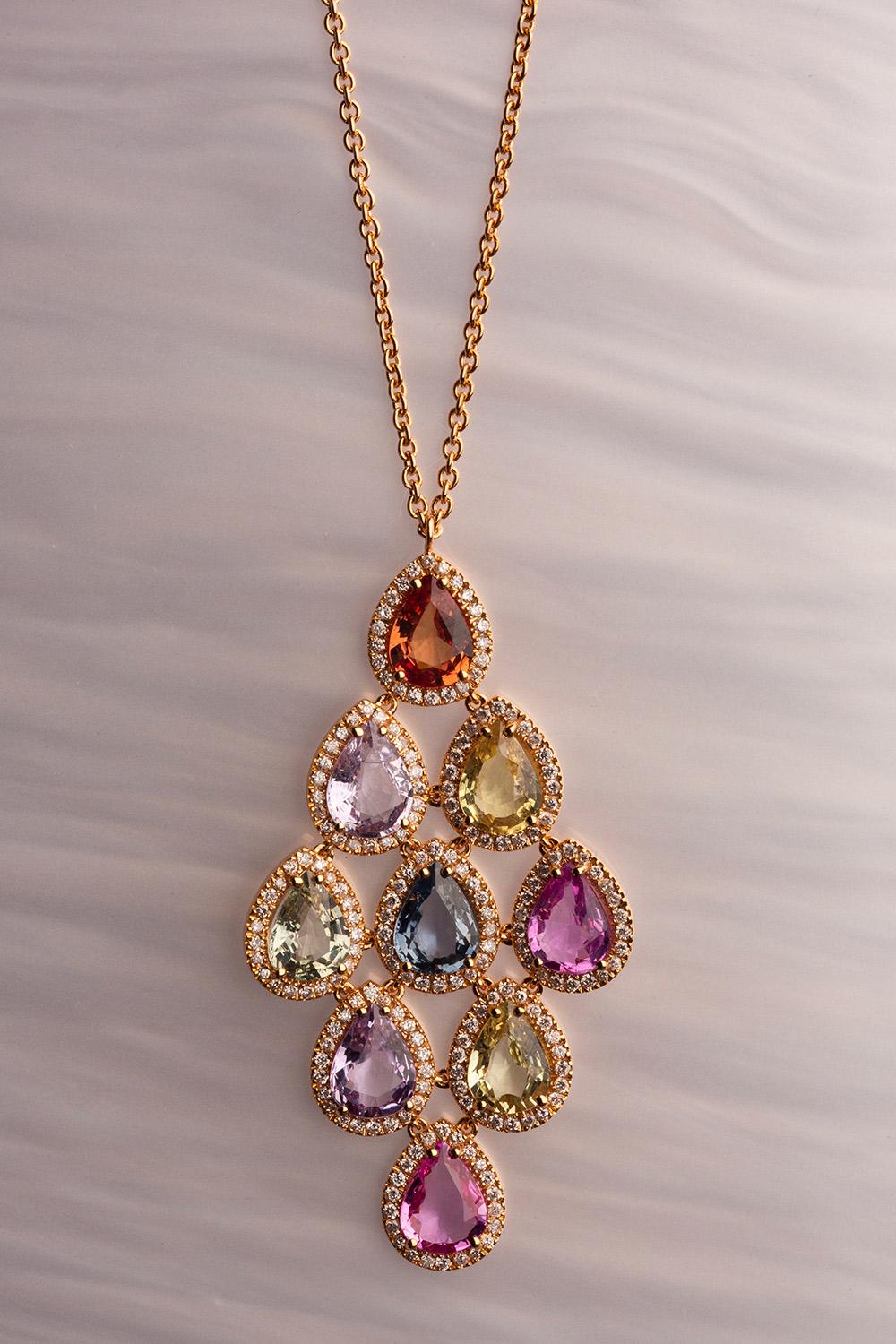 Women's 18 Karat Rose Gold Pear Sapphire Diamond Pendant For Sale
