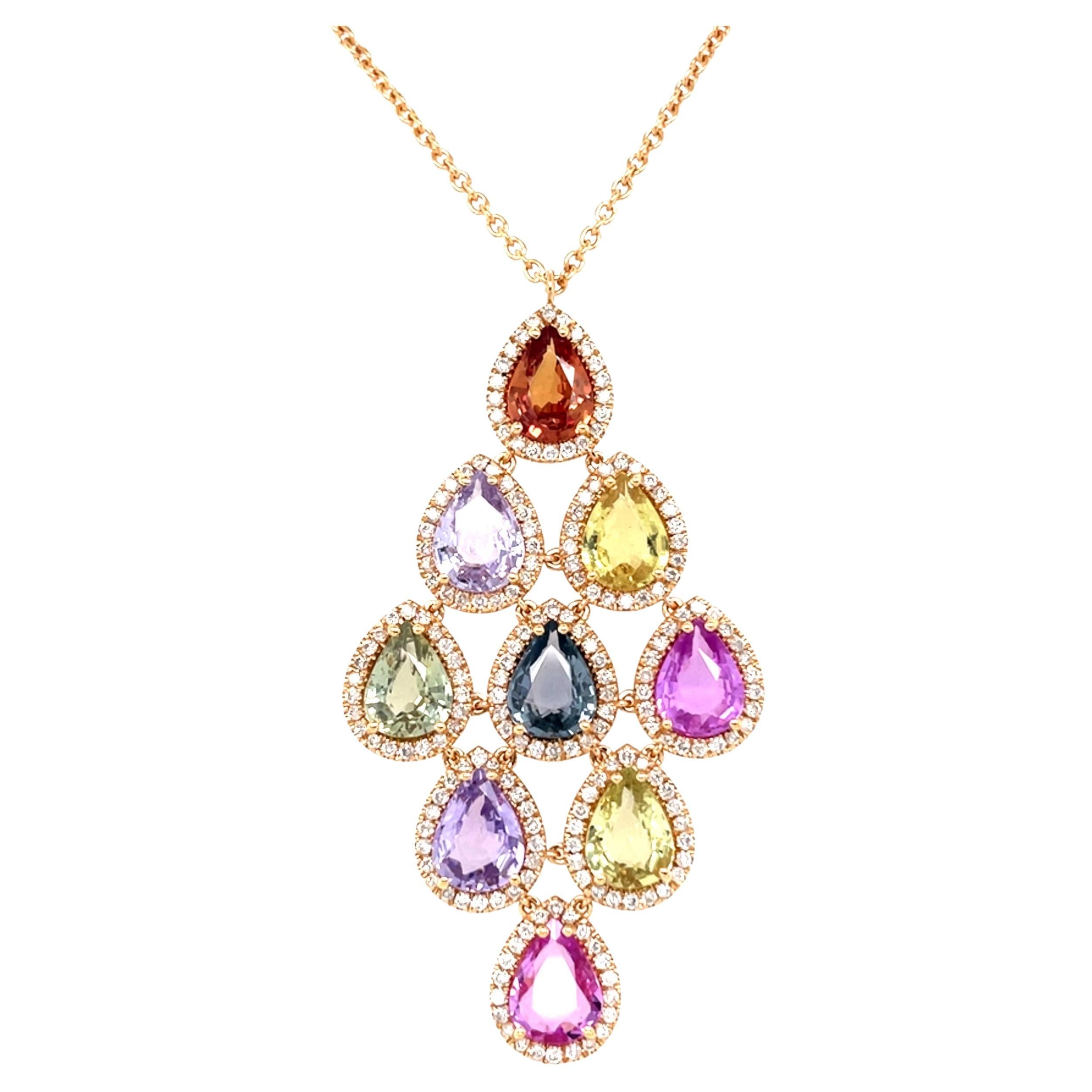 18 Karat Rose Gold Pear Sapphire Diamond Pendant For Sale